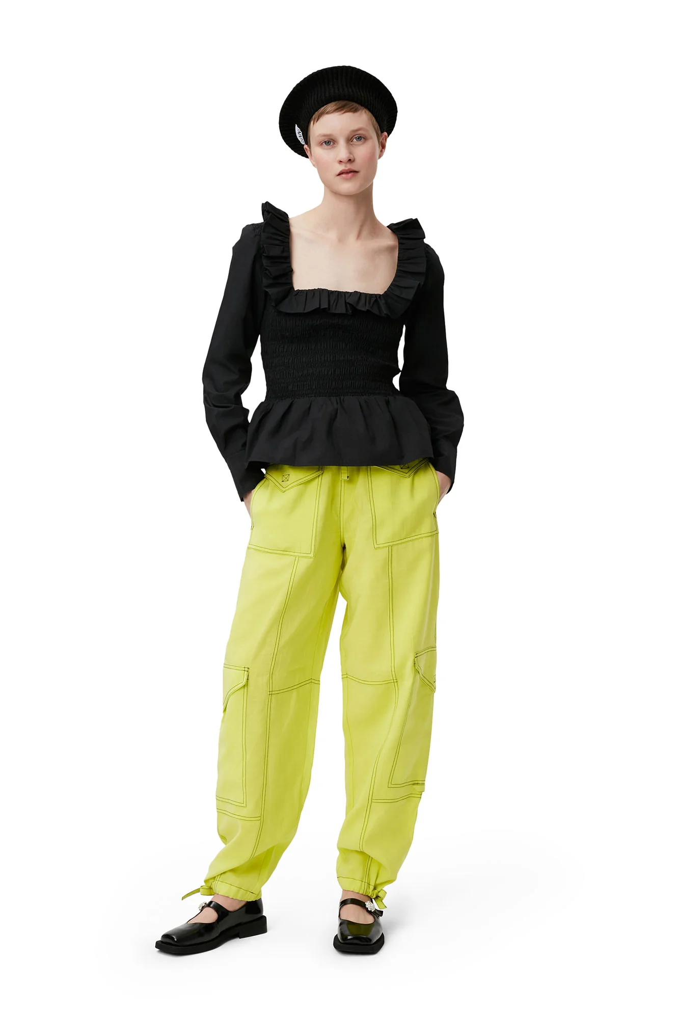 Cotton Poplin Open-neck Smock Blouse | Black - Image 5