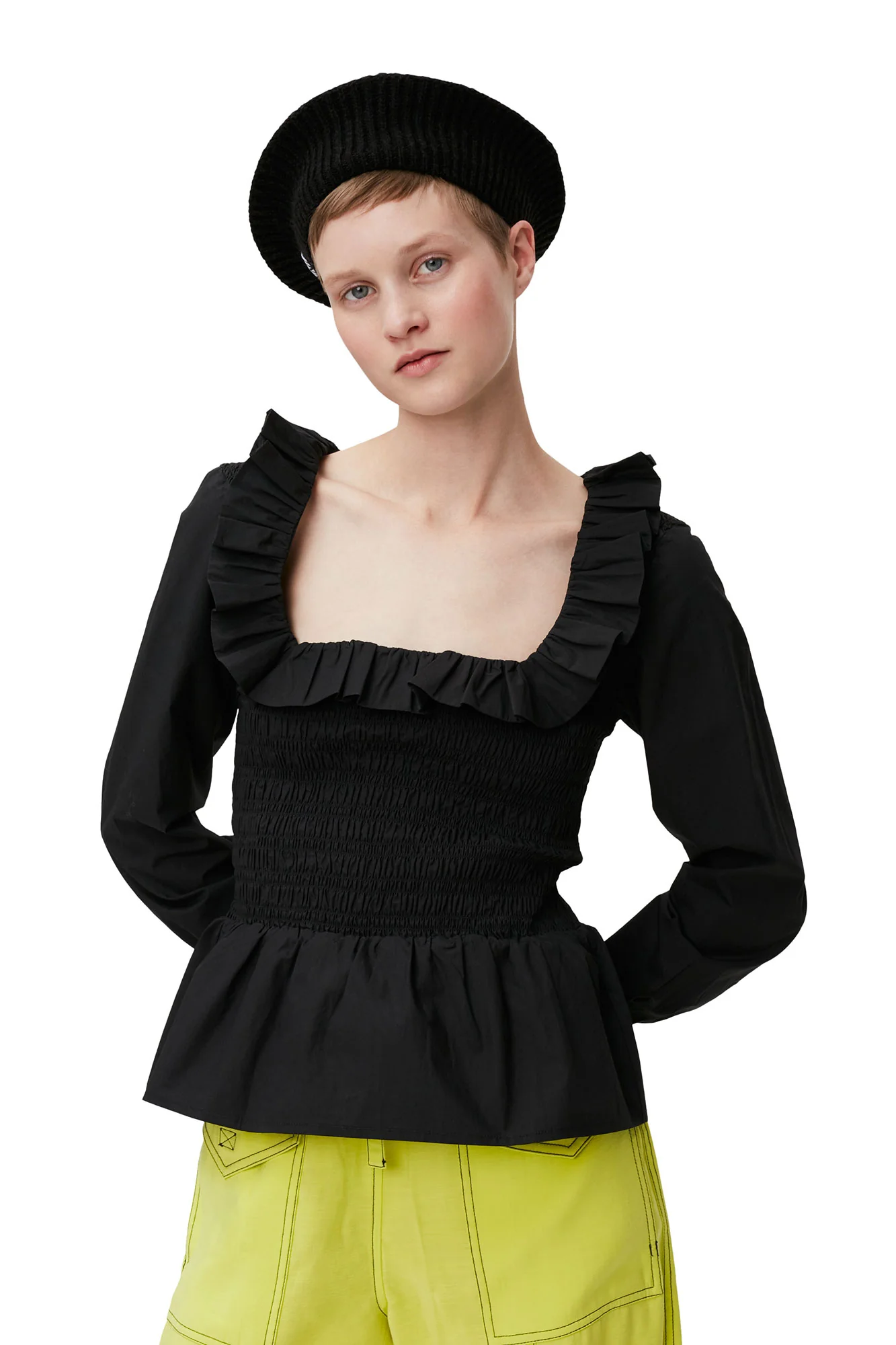Cotton Poplin Open-neck Smock Blouse | Black - Image 7