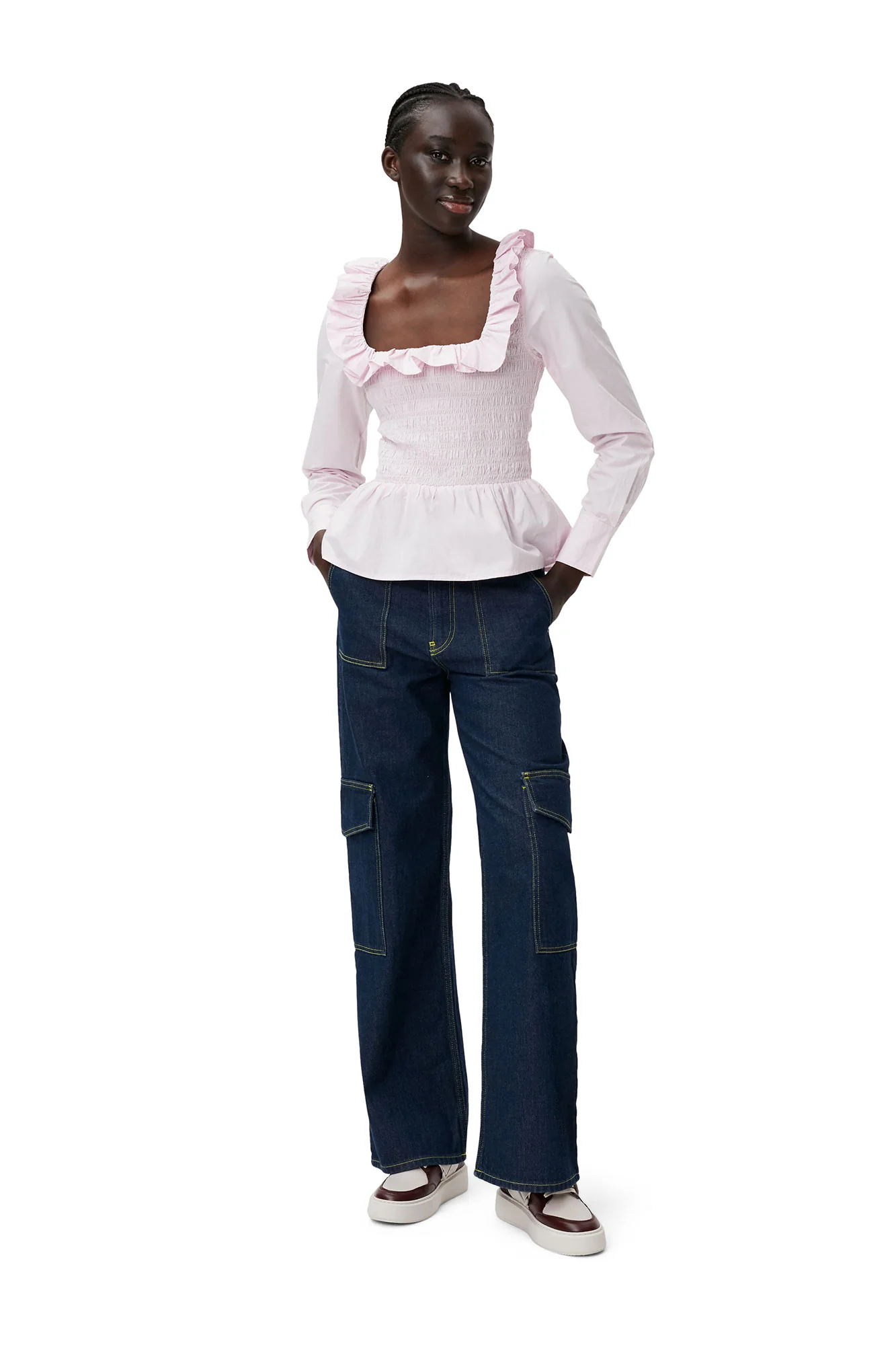 Cotton Poplin Open-neck Smock Blouse | Light Lilac - Image 5