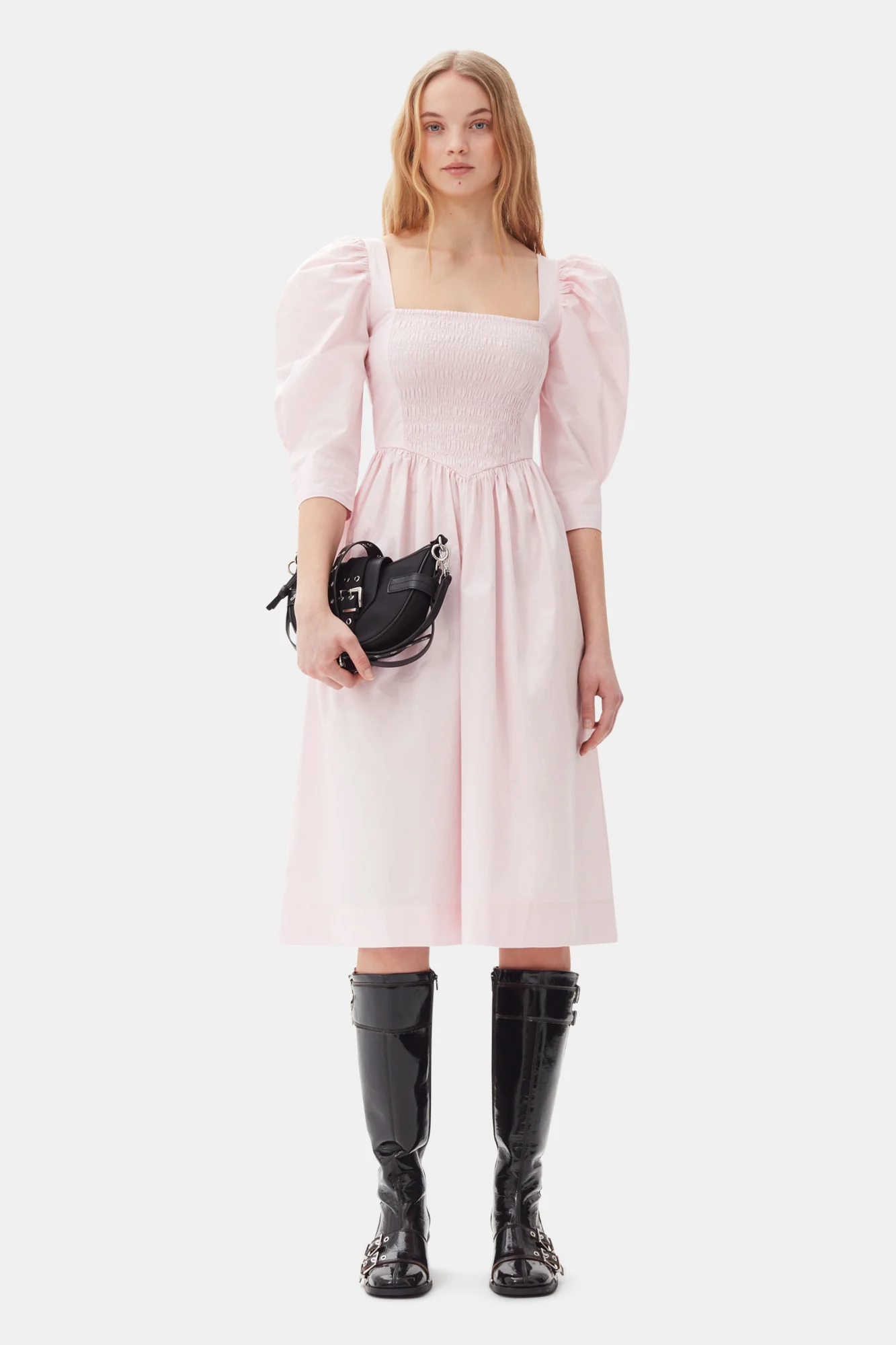 Cotton Poplin Open Neck Smock Dress | Chalk Pink - Image 3