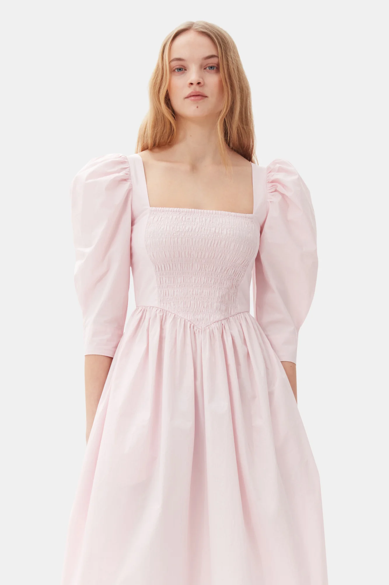 Cotton Poplin Open Neck Smock Dress | Chalk Pink - Image 4