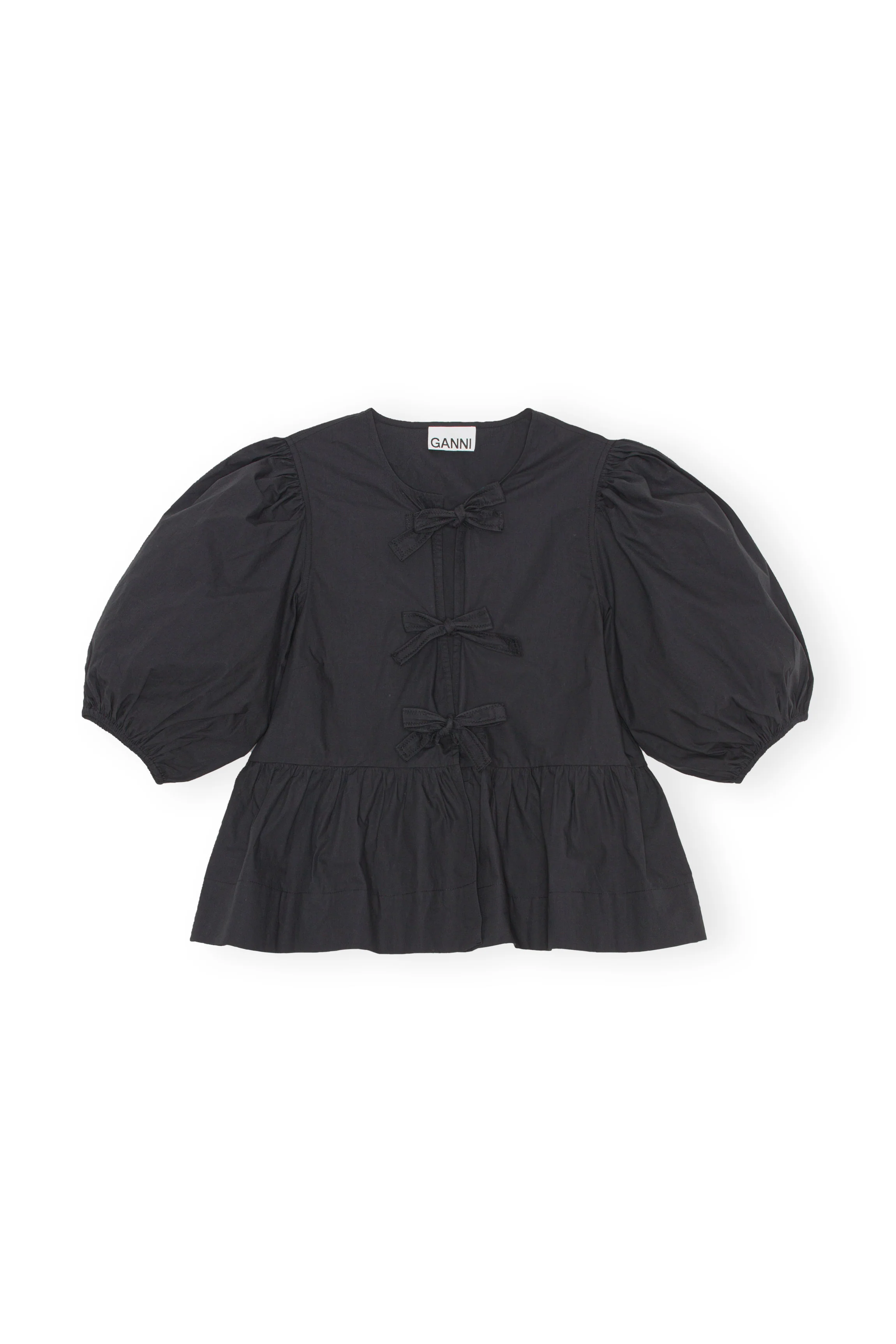 Cotton Poplin Peplum Tie Blouse | Black - Image 2