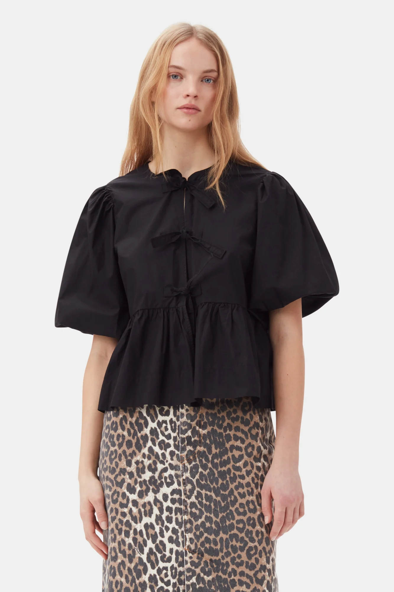 Cotton Poplin Peplum Tie Blouse | Black - Image 5