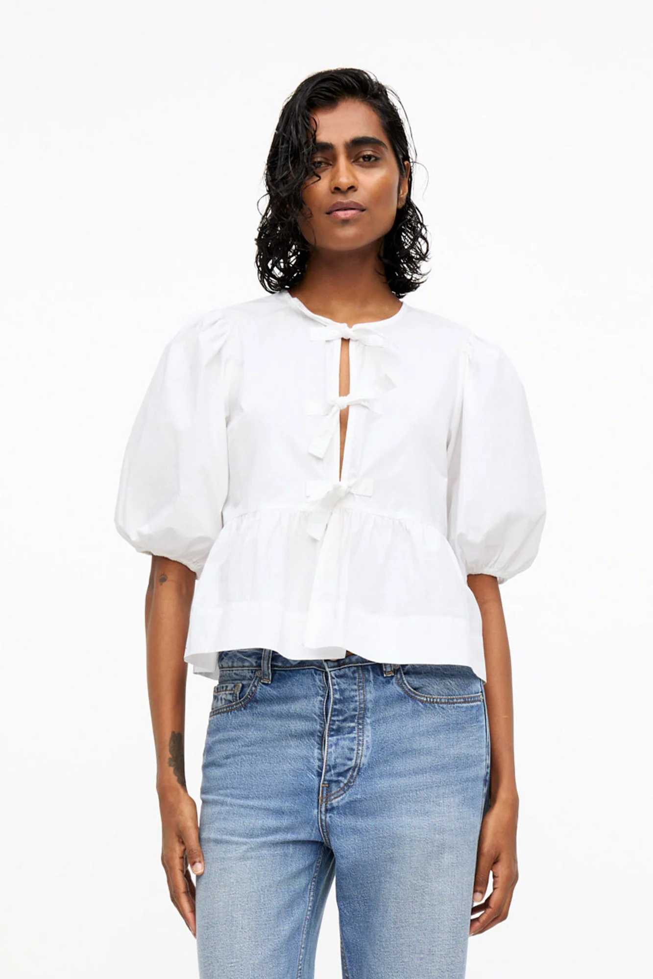 Cotton Poplin Peplum Tie Blouse | Bright White - Image 3