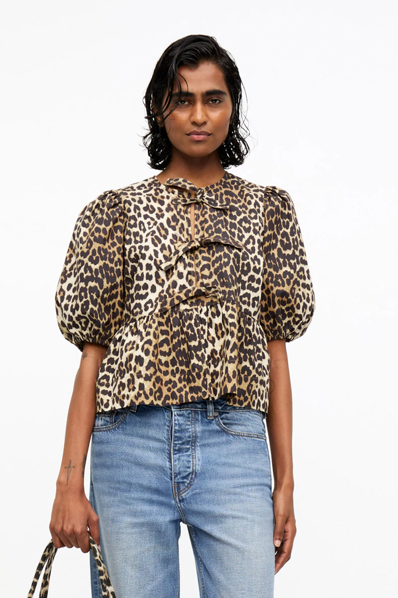 Cotton Poplin Peplum Tie Blouse | Leopard - Image 3