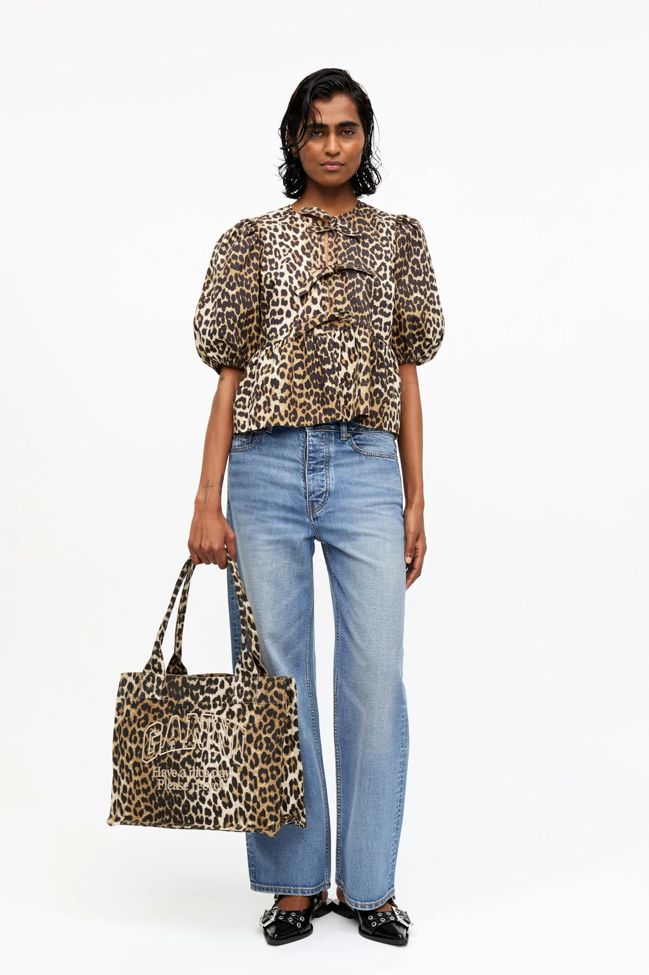 Cotton Poplin Peplum Tie Blouse | Leopard - Image 4