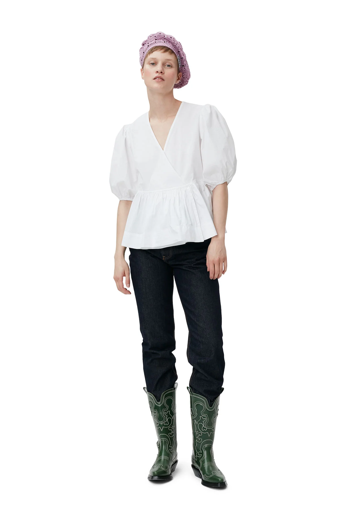 Cotton Poplin Puff Sleeve Wrap Blouse | Bright White - Image 3