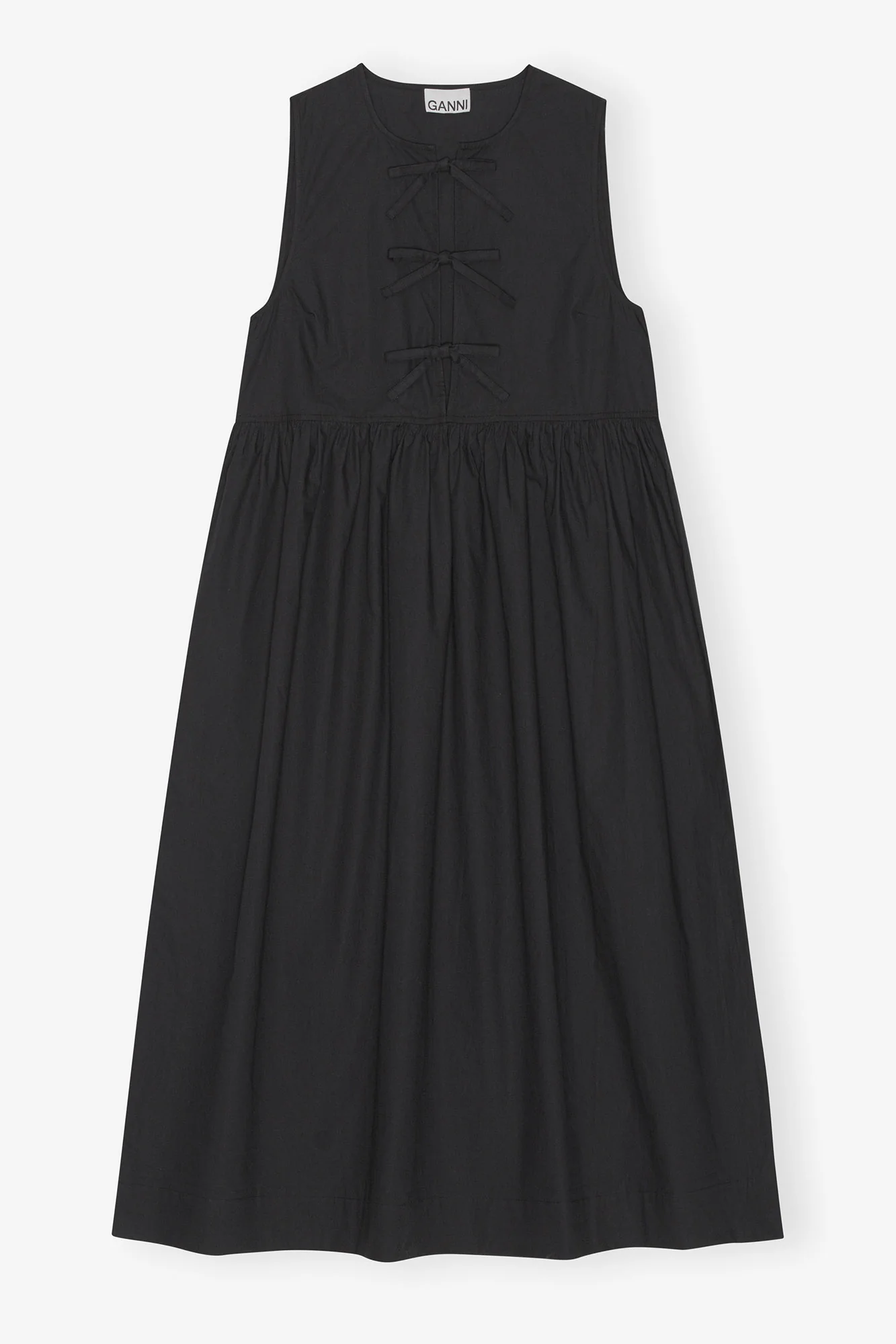 Cotton Poplin Round Neck Midi Dress | Black