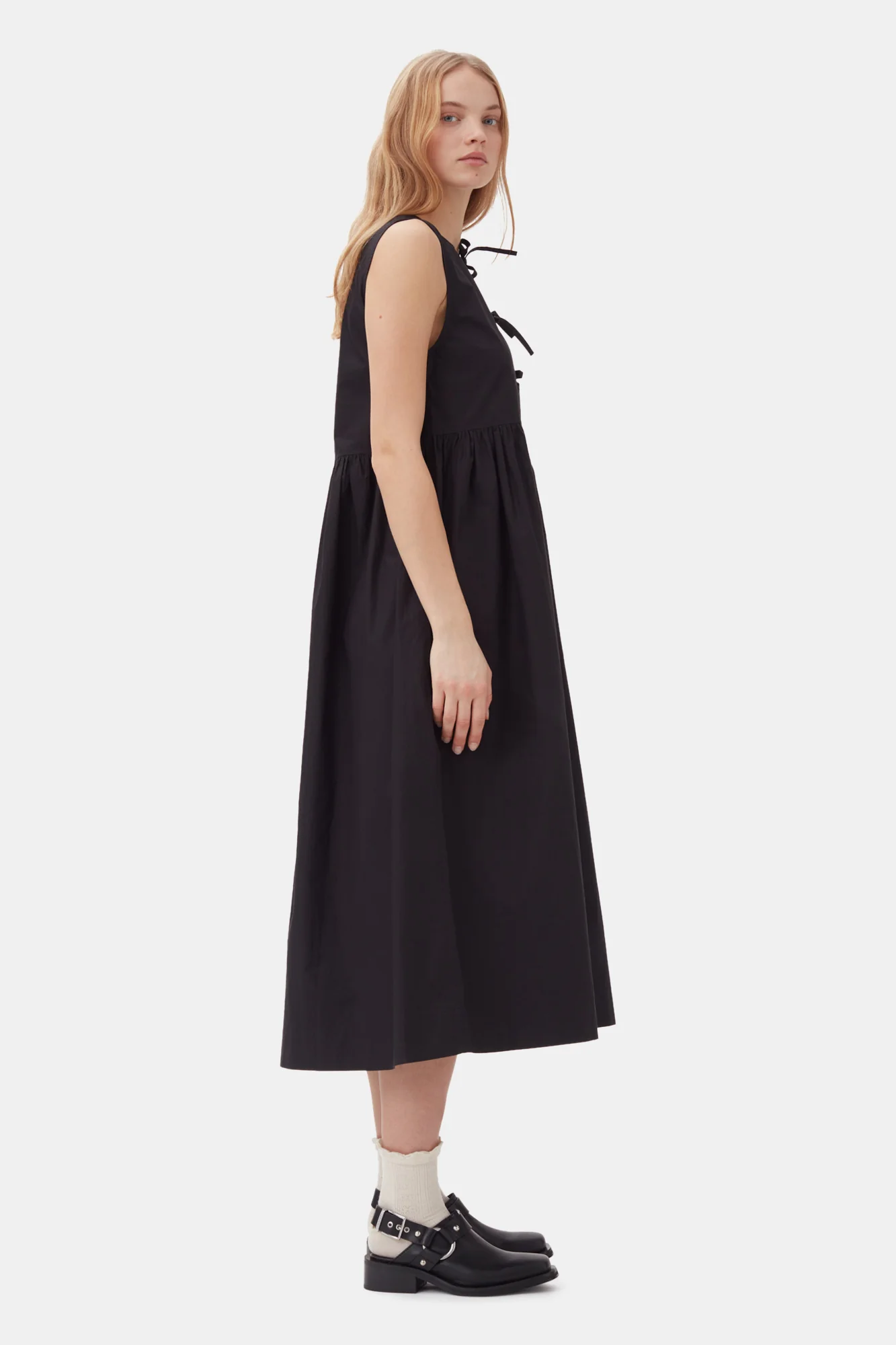 Cotton Poplin Round Neck Midi Dress | Black - Image 10