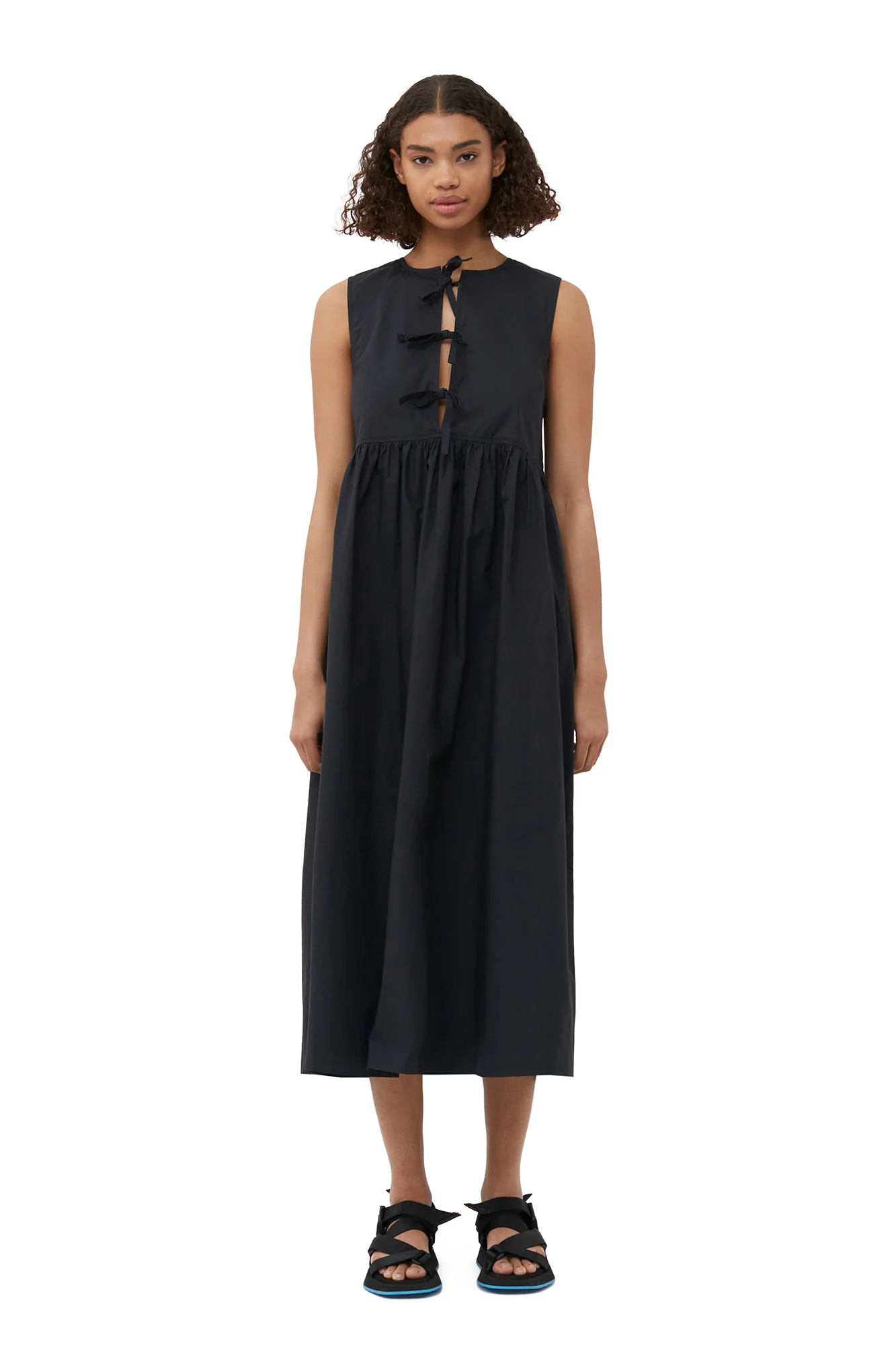 Cotton Poplin Round Neck Midi Dress | Black - Image 5