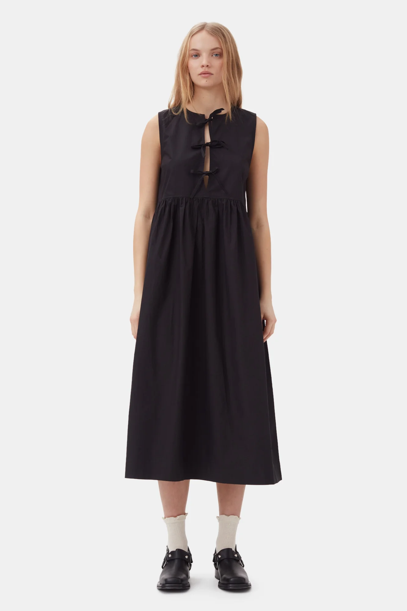 Cotton Poplin Round Neck Midi Dress | Black - Image 6