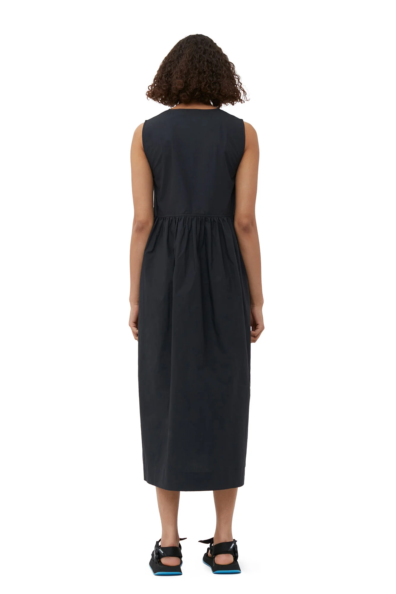 Cotton Poplin Round Neck Midi Dress | Black - Image 7