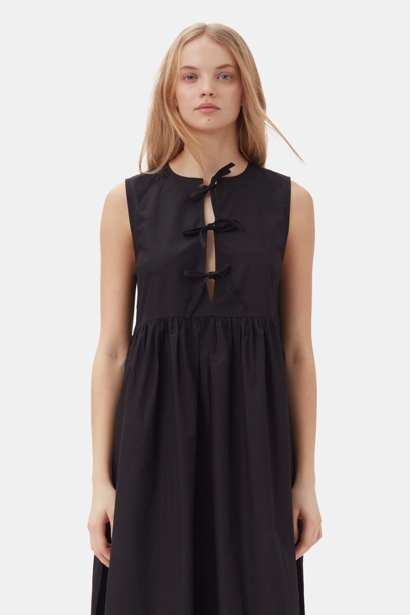 Cotton Poplin Round Neck Midi Dress | Black - Image 8