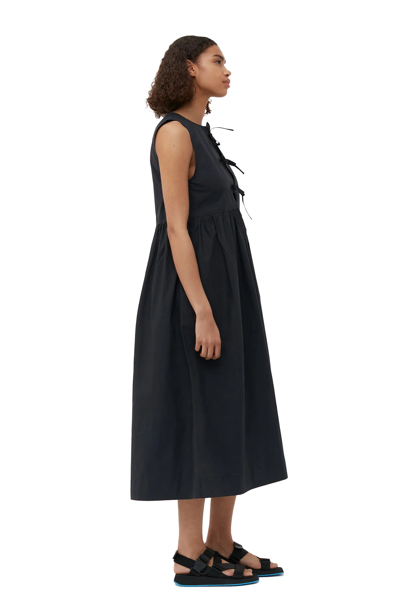 Cotton Poplin Round Neck Midi Dress | Black - Image 9