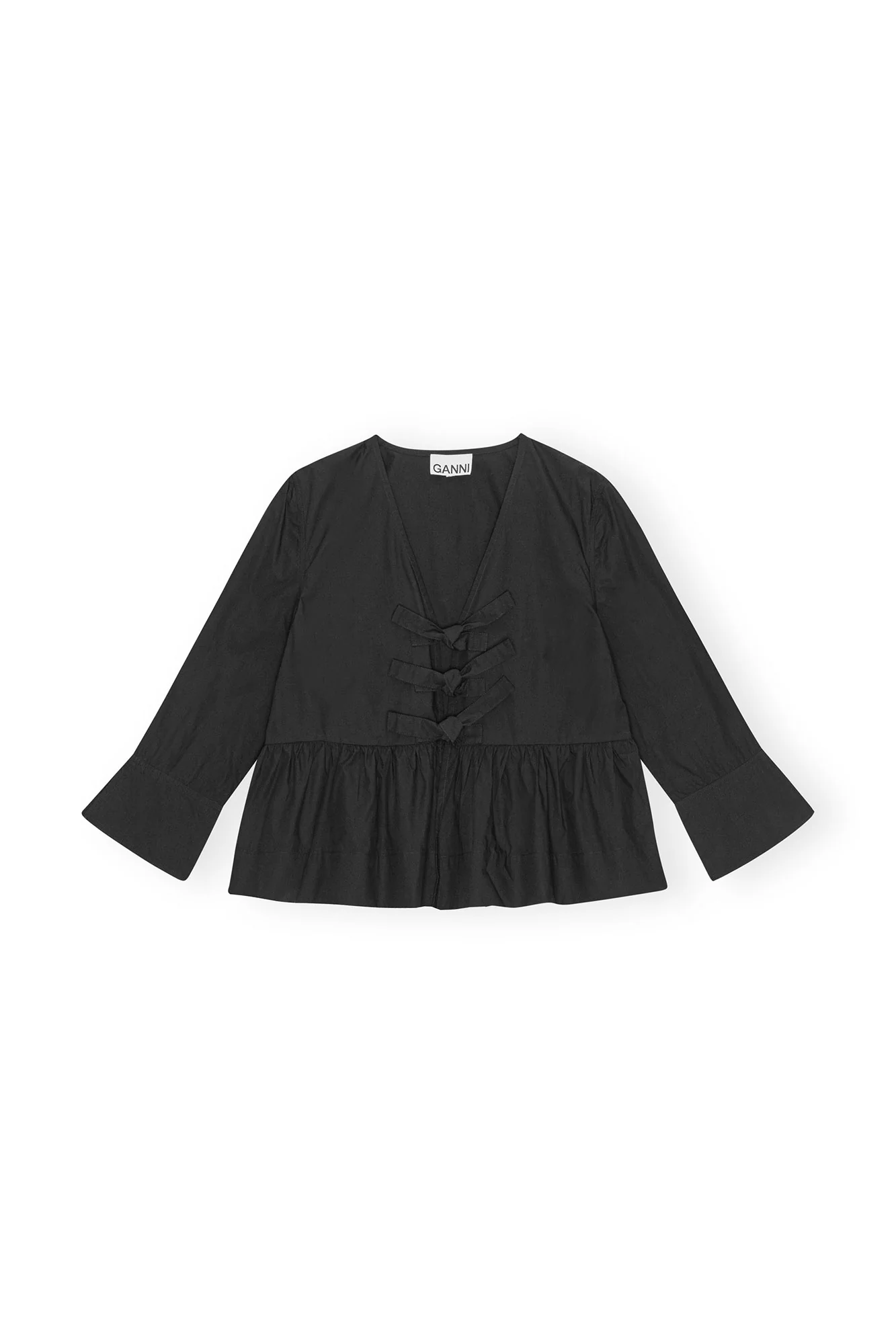 Cotton Poplin Round Neck Tie String Peplum Blouse | Black