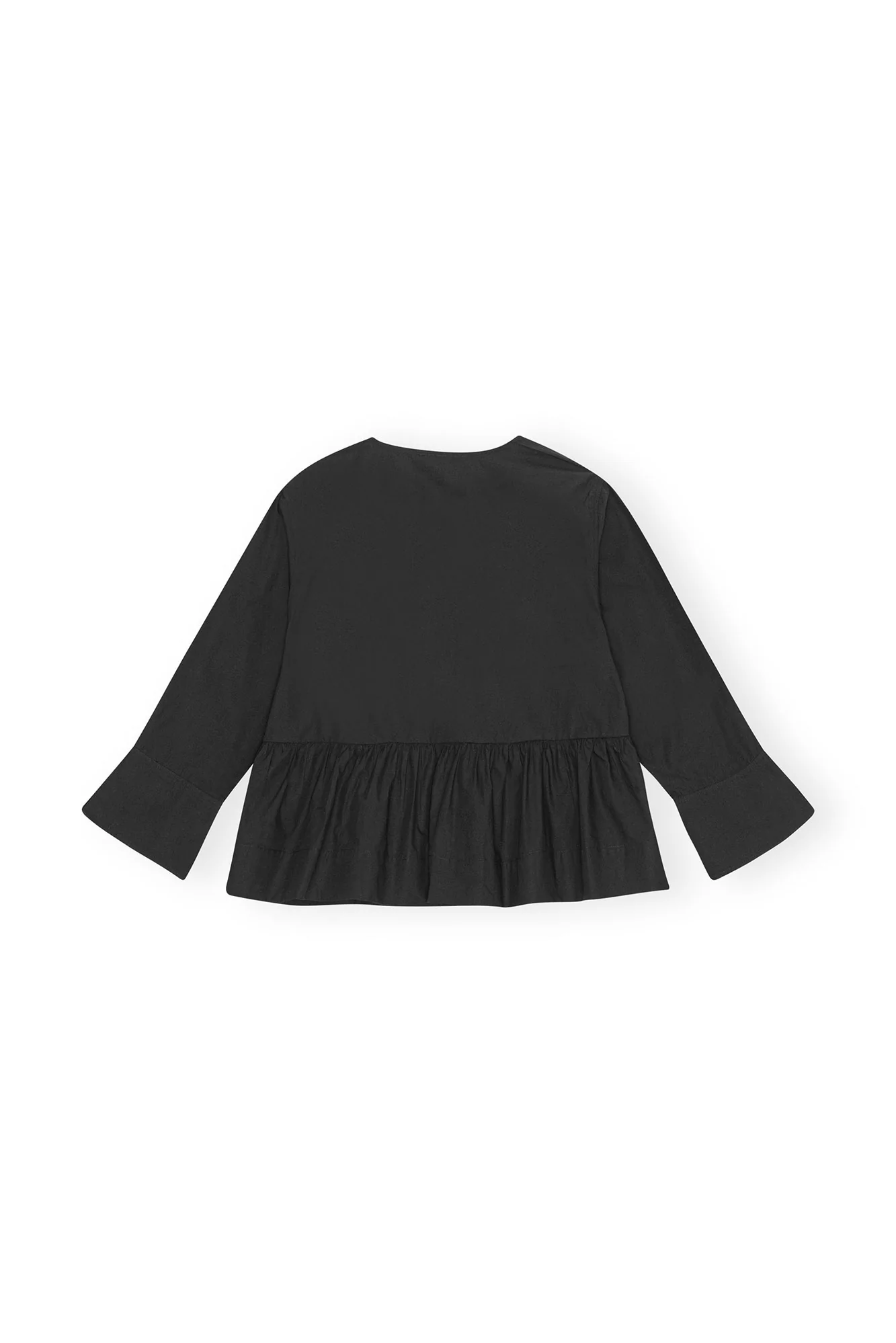 Cotton Poplin Round Neck Tie String Peplum Blouse | Black - Image 2