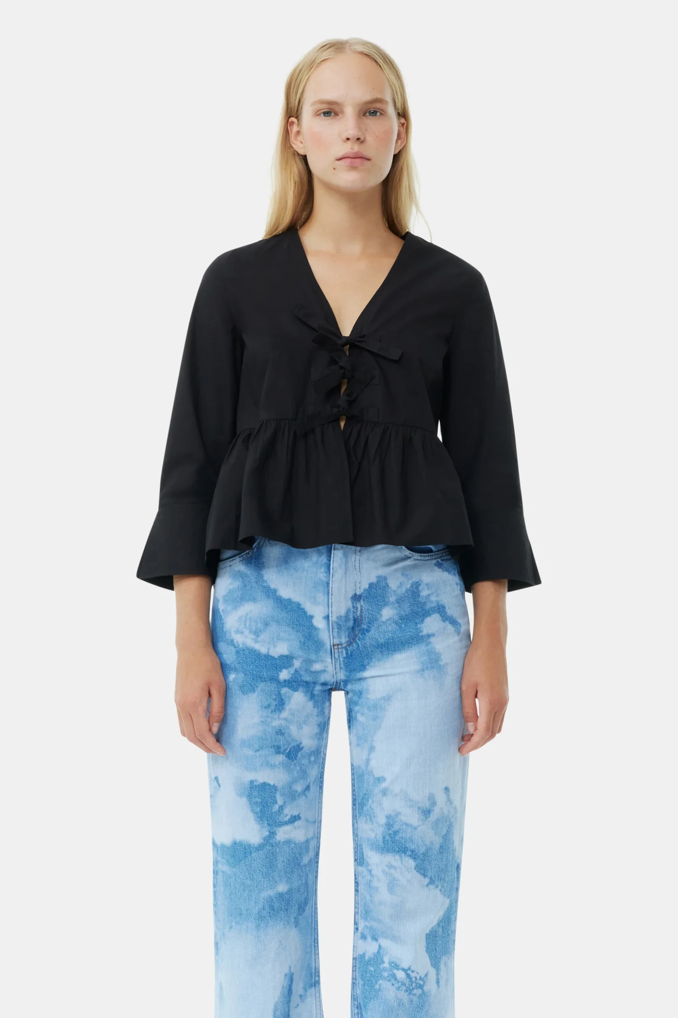 Cotton Poplin Round Neck Tie String Peplum Blouse | Black - Image 3