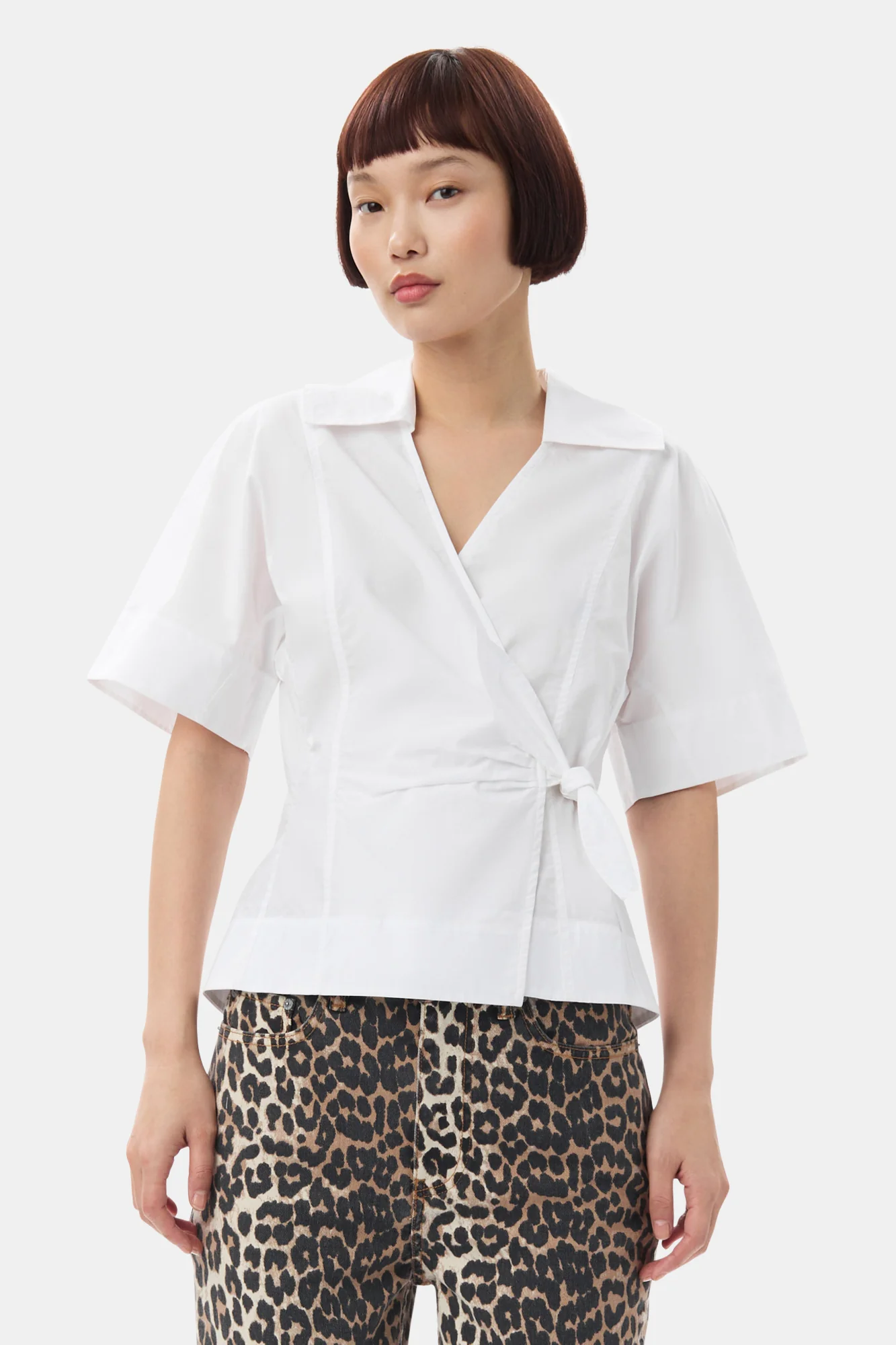 Cotton Poplin Short Sleeve Wrap Blouse | Bright White - Image 3