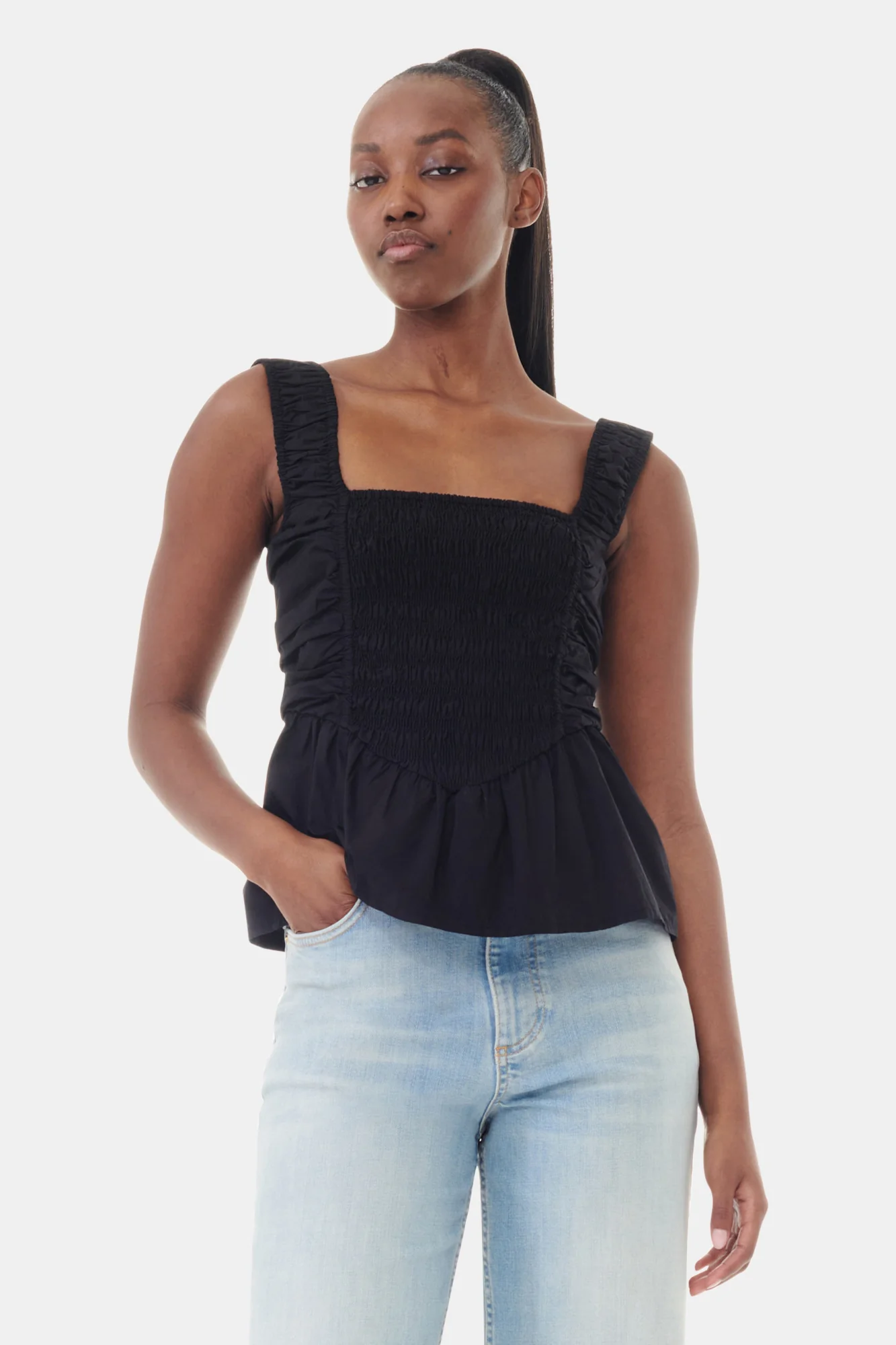 Cotton Poplin Smock Strap Top | Black - Image 3