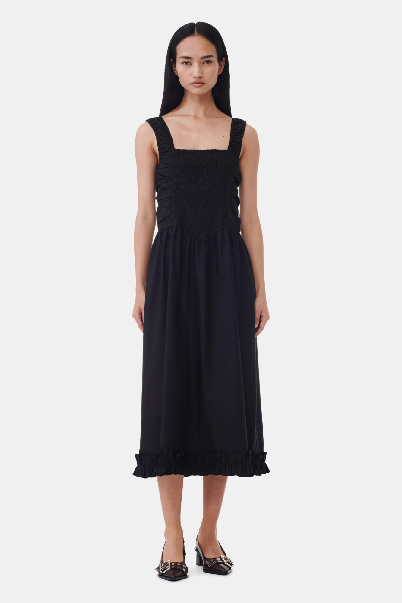 Cotton Poplin Square Neck Midi Dress | Black - Image 3