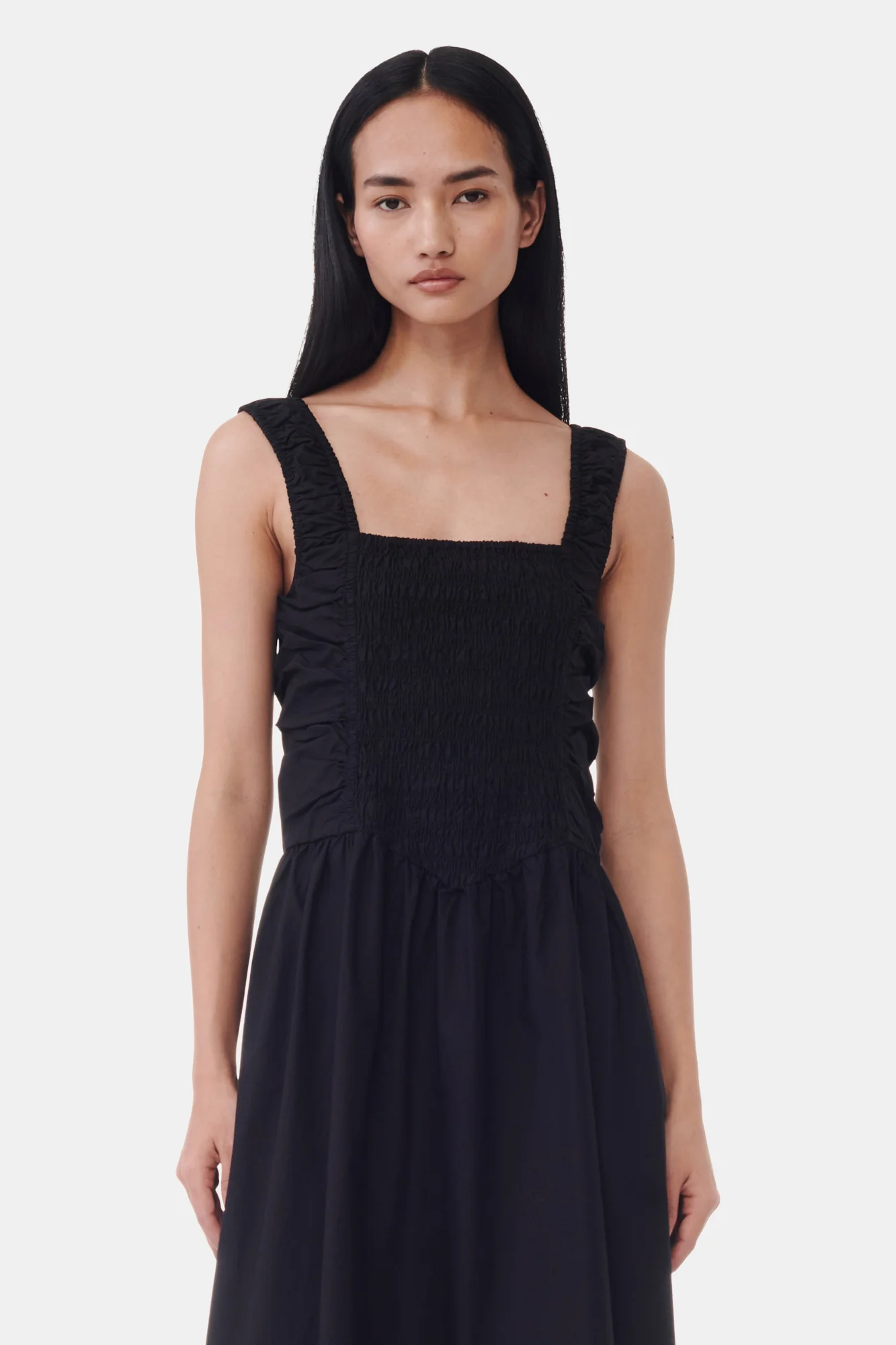 Cotton Poplin Square Neck Midi Dress | Black - Image 4