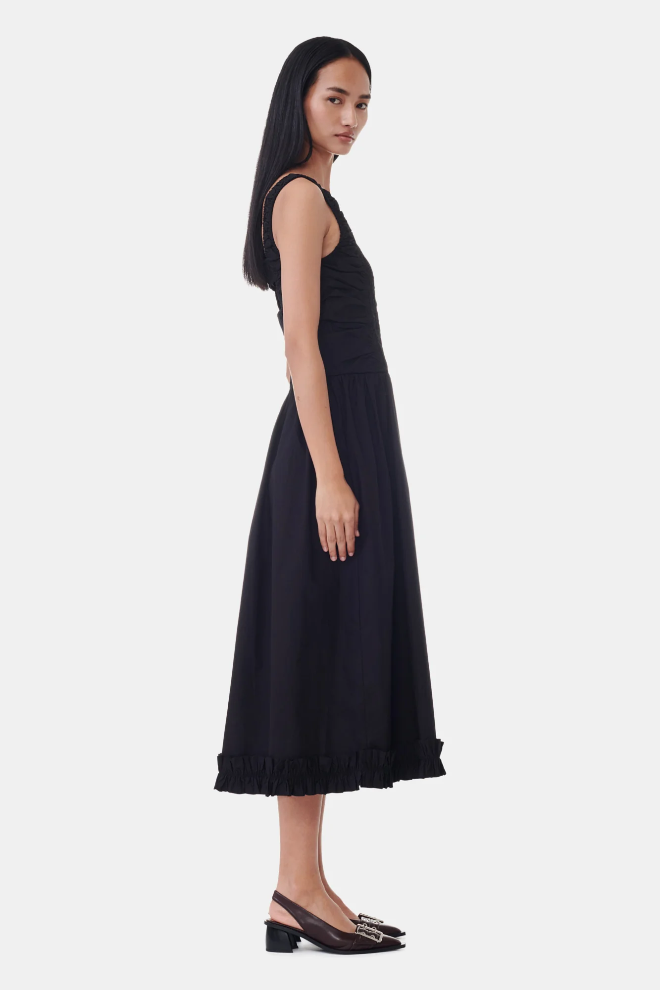 Cotton Poplin Square Neck Midi Dress | Black - Image 5