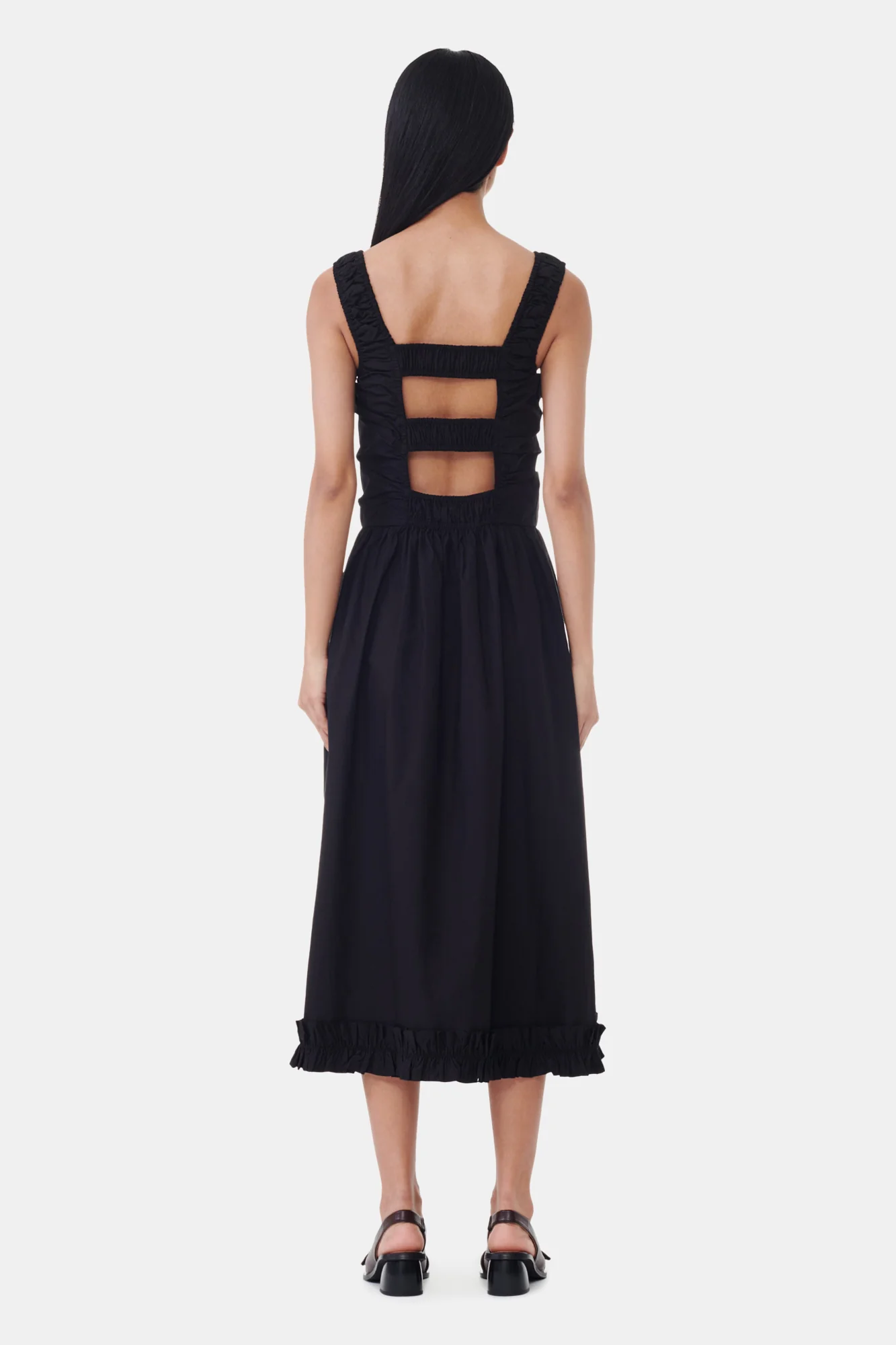 Cotton Poplin Square Neck Midi Dress | Black - Image 6