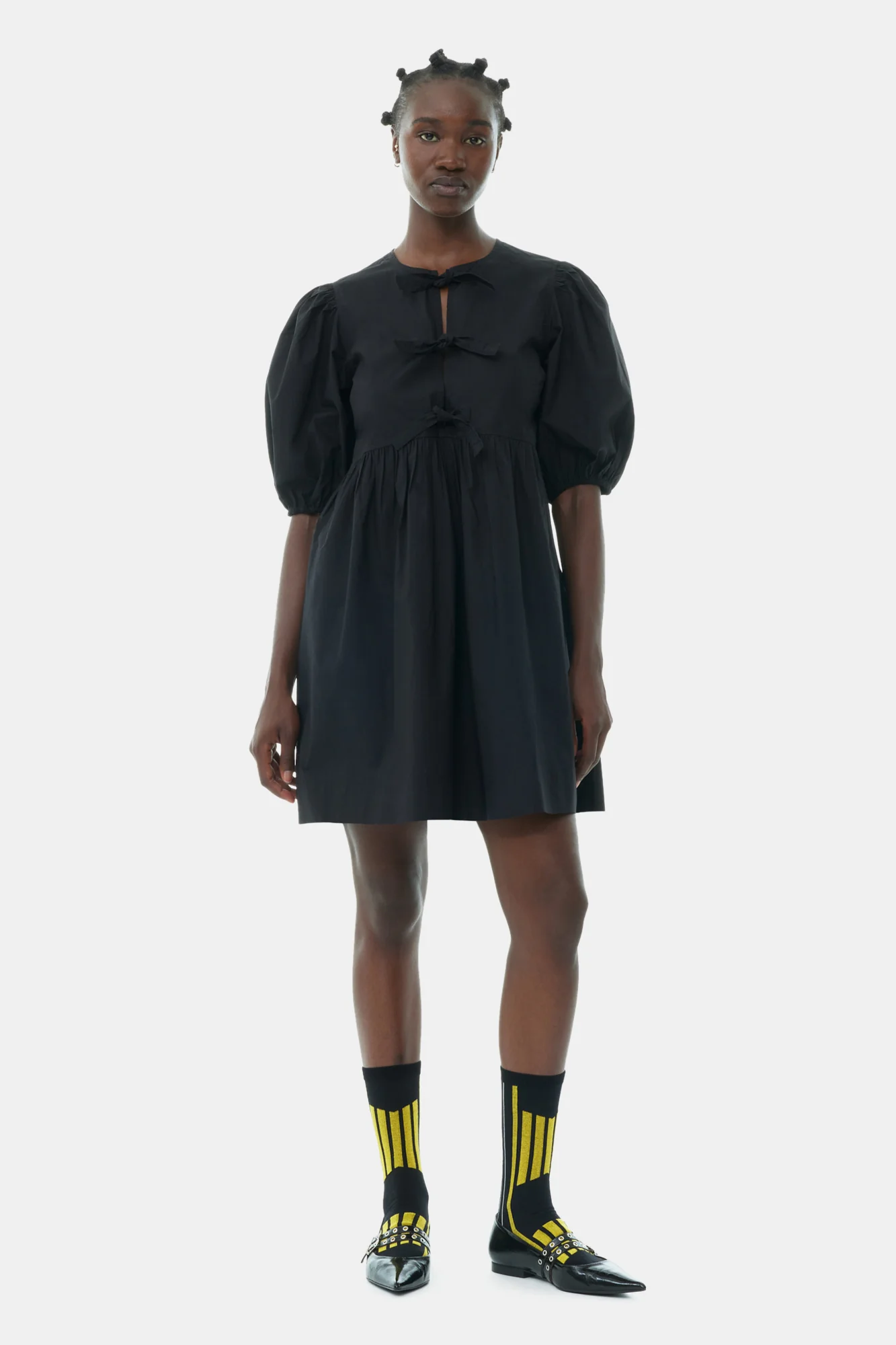 Cotton Poplin Tie String Mini Dress | Black - Image 3