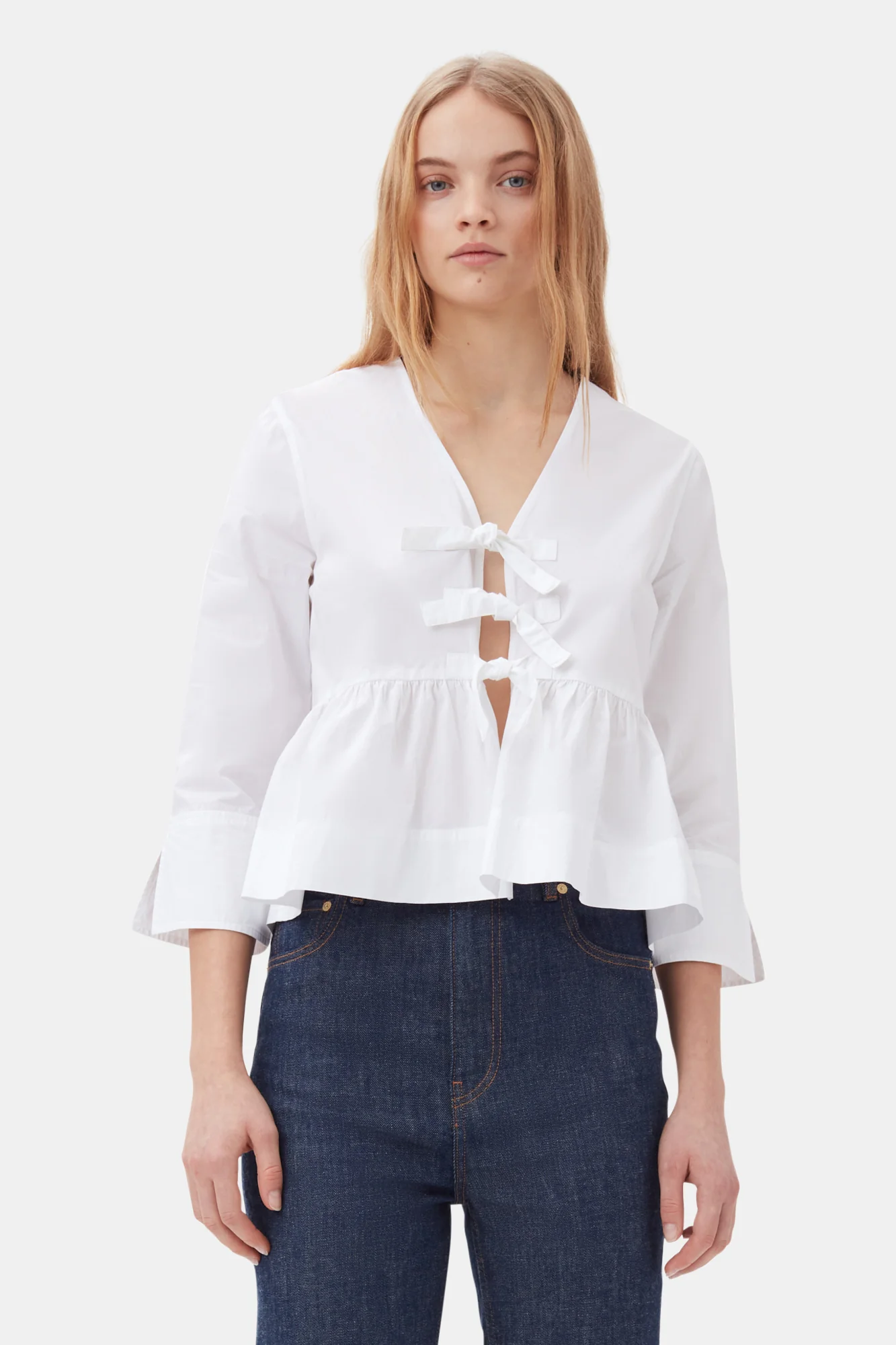 Cotton Poplin Tie String Peplum Blouse | Bright White - Image 3