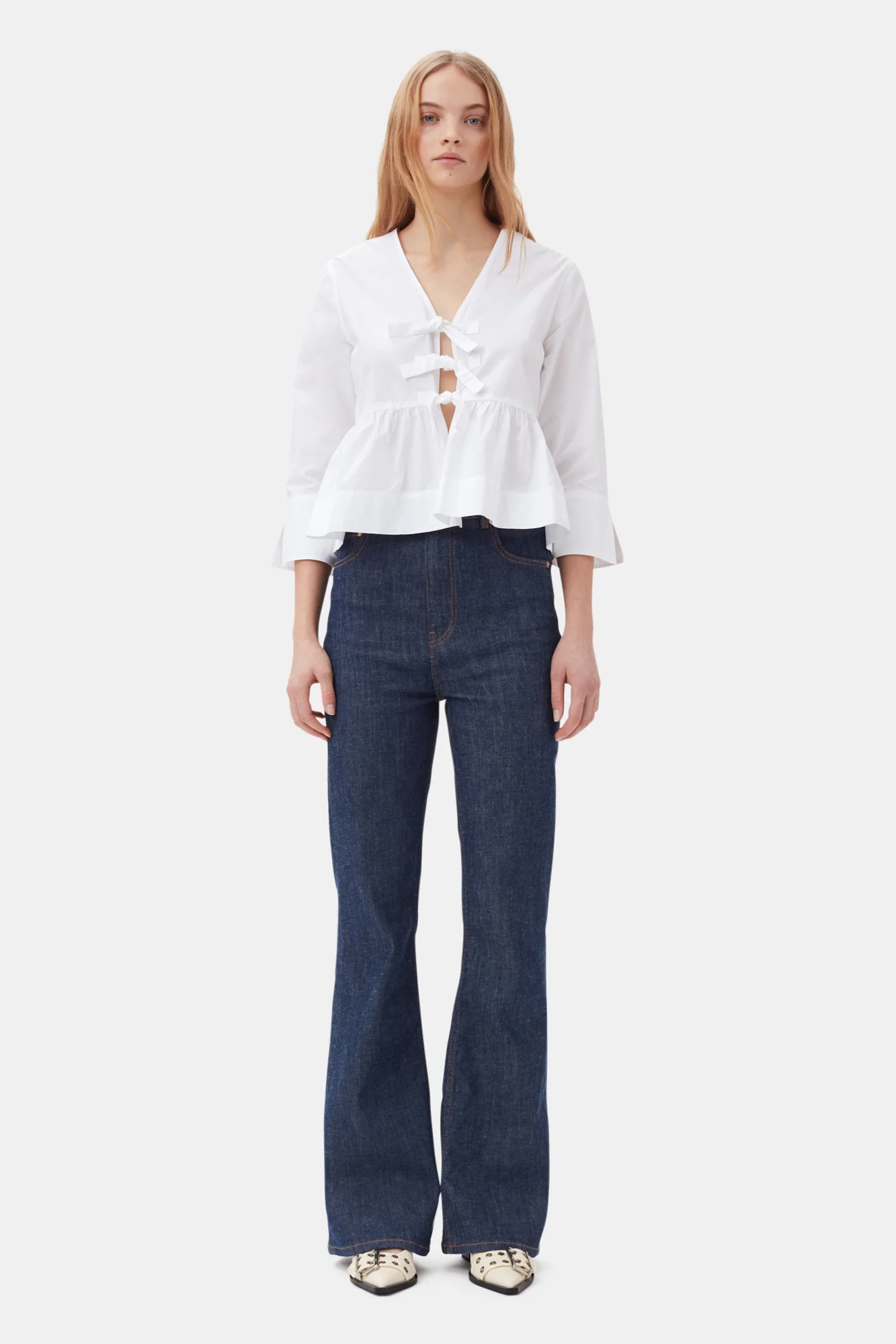 Cotton Poplin Tie String Peplum Blouse | Bright White - Image 4