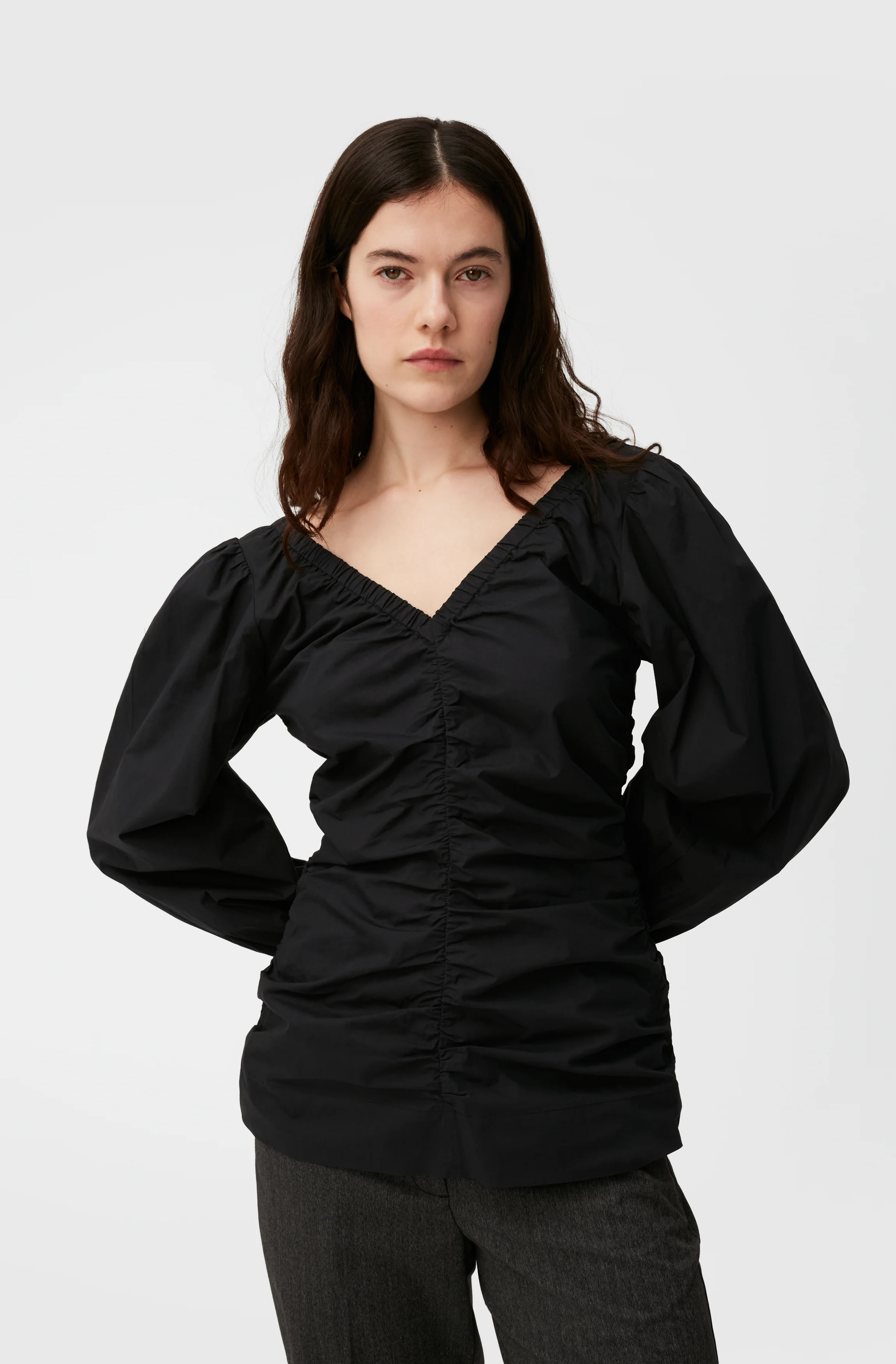 Cotton Poplin V-Neck Blouse | Black - Image 3