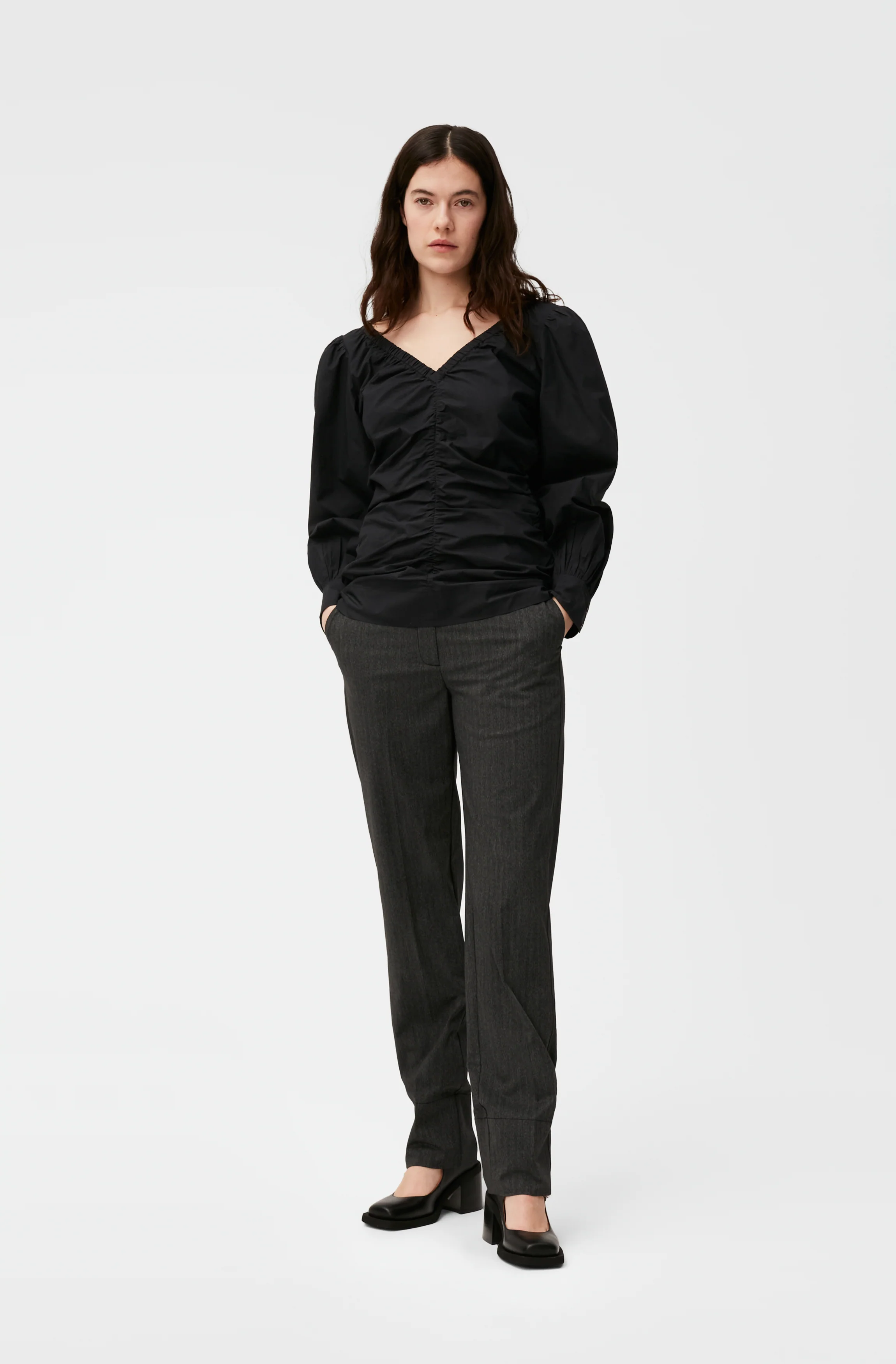 Cotton Poplin V-Neck Blouse | Black - Image 4