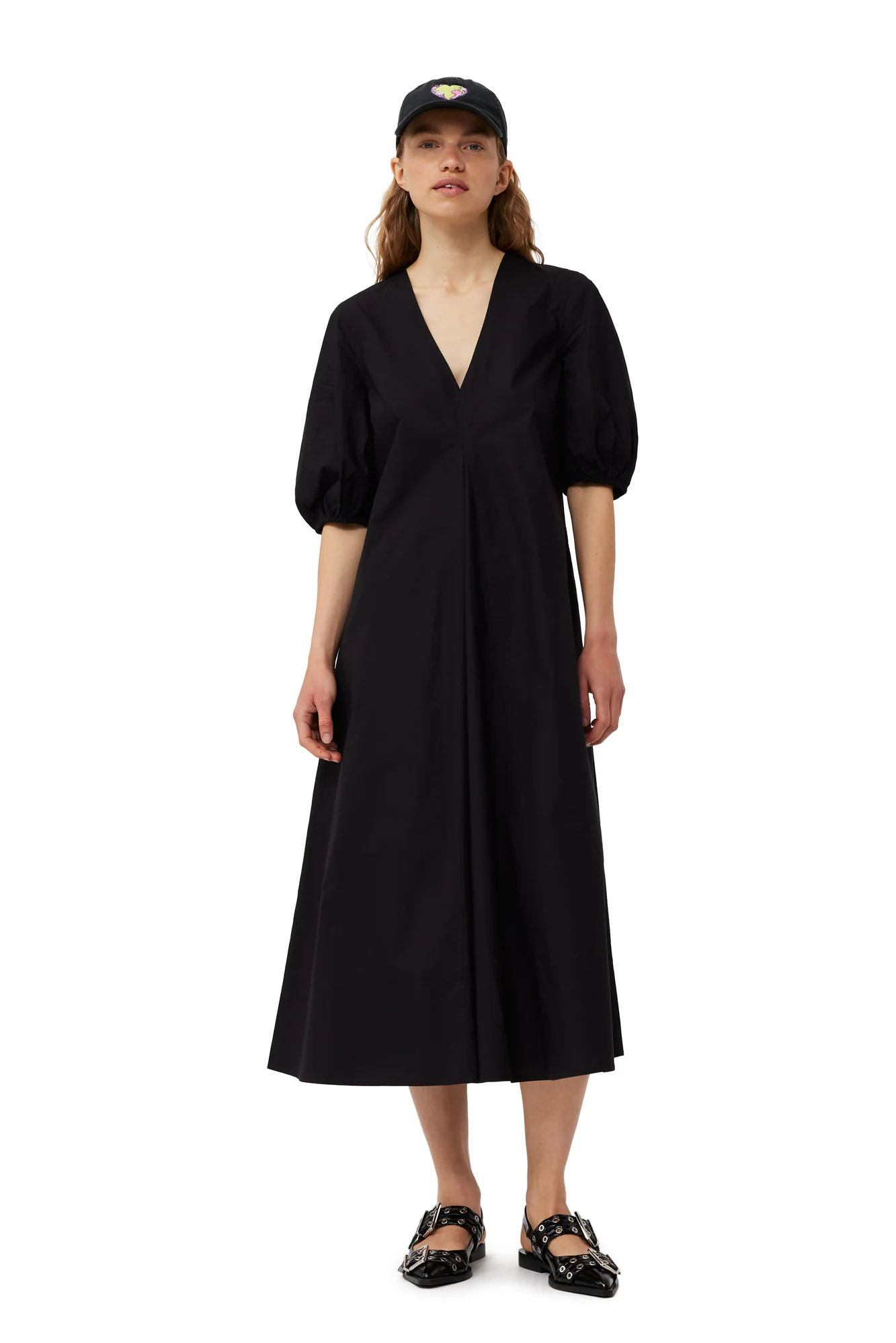 Cotton Poplin V-Neck Dress | Black - Image 3