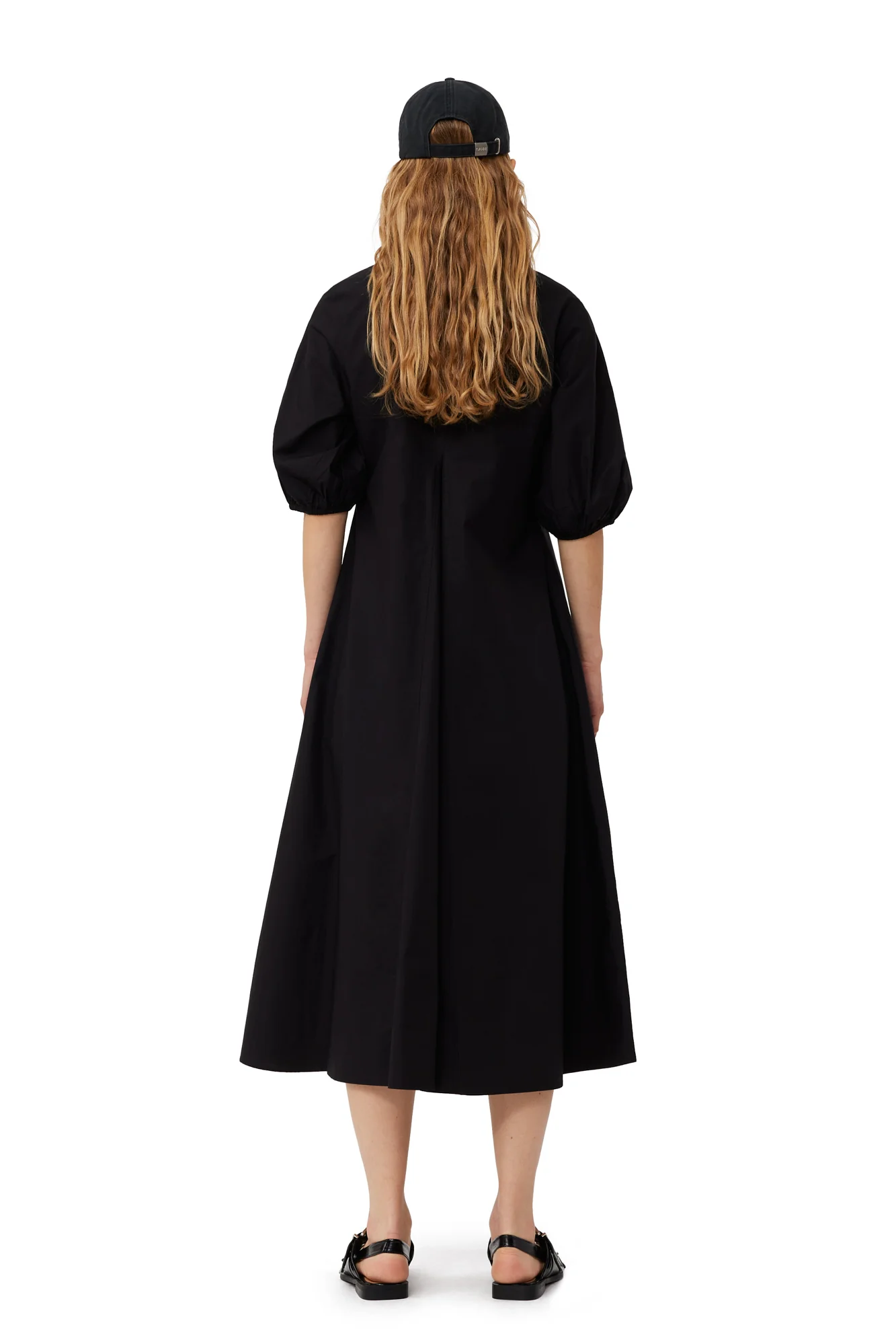 Cotton Poplin V-Neck Dress | Black - Image 4