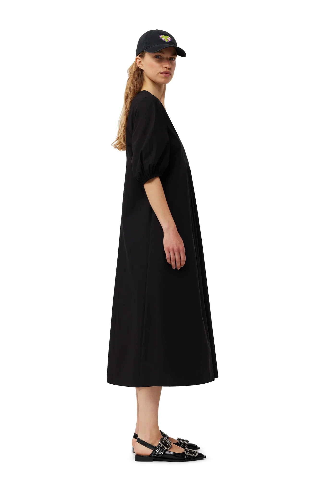 Cotton Poplin V-Neck Dress | Black - Image 5