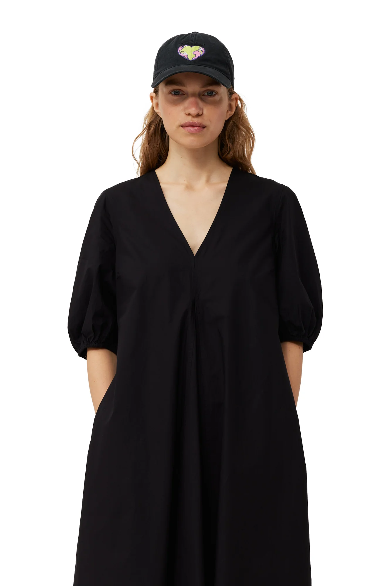 Cotton Poplin V-Neck Dress | Black - Image 6