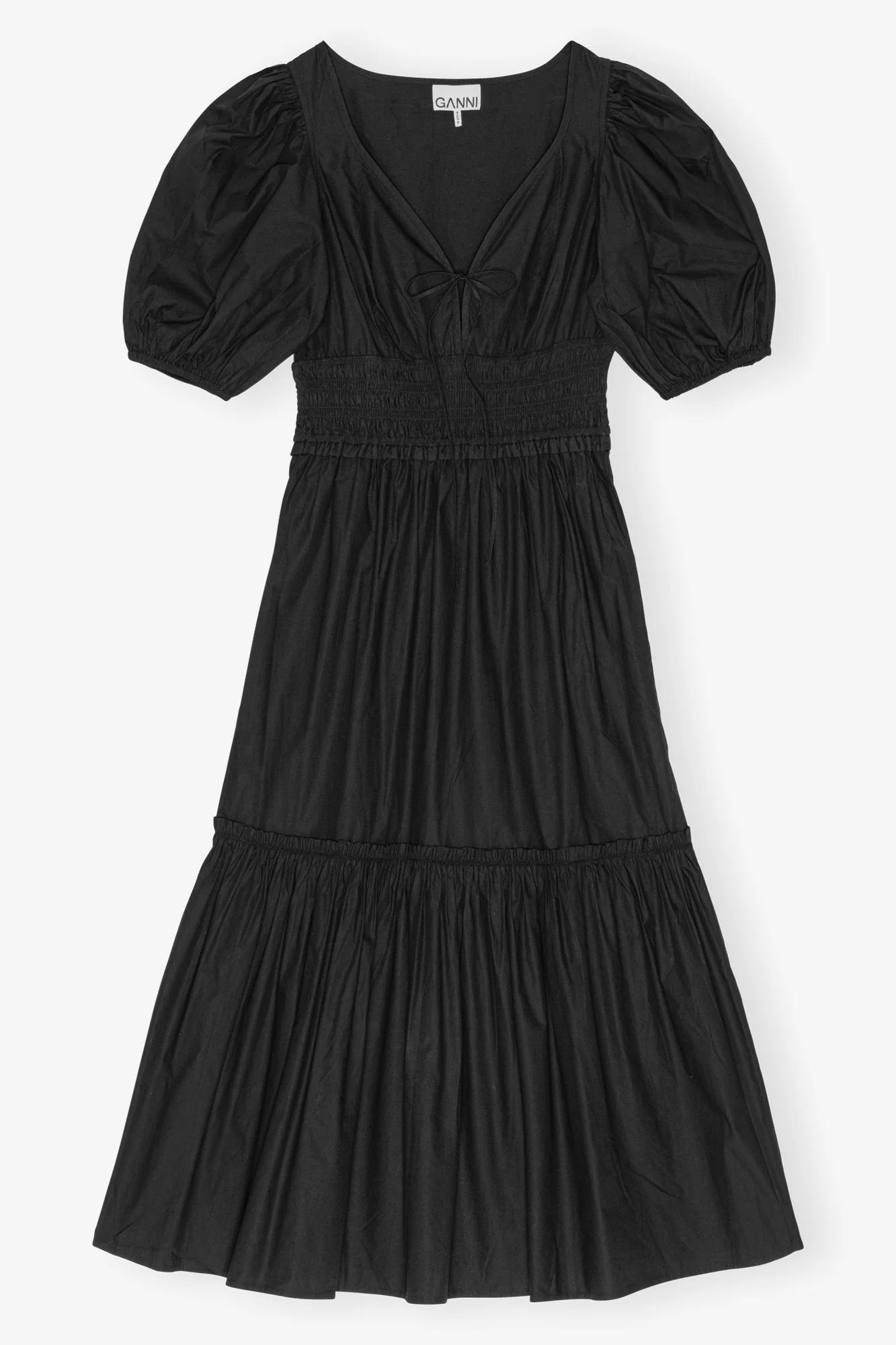 Cotton Poplin V-Neck Long Smock Dress | Black