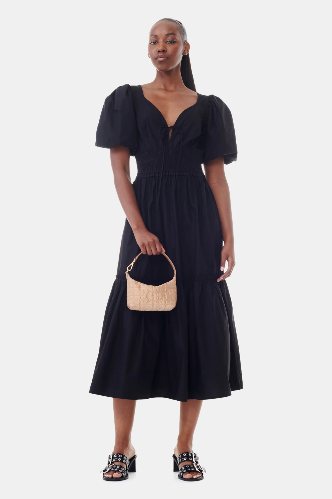 Cotton Poplin V-Neck Long Smock Dress | Black - Image 3