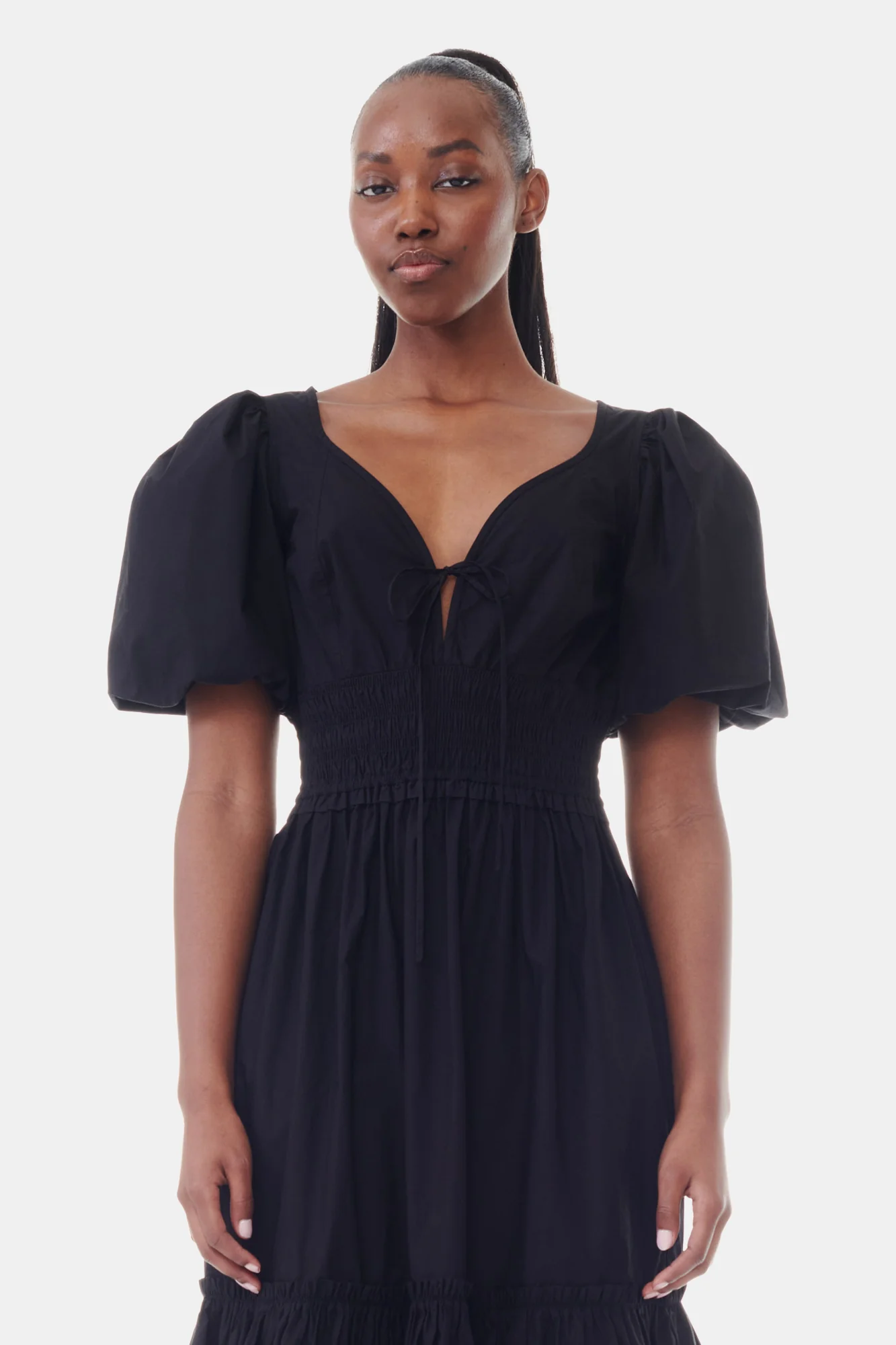 Cotton Poplin V-Neck Long Smock Dress | Black - Image 4