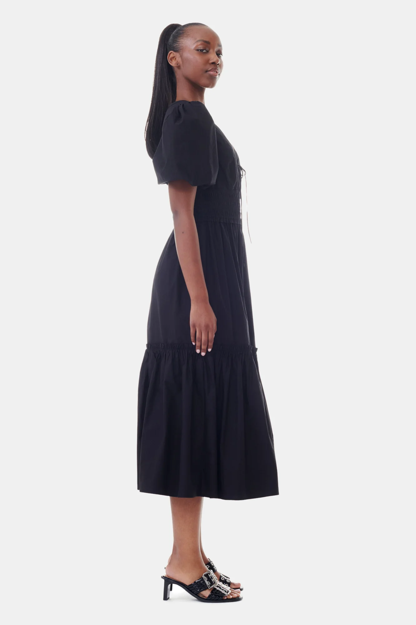 Cotton Poplin V-Neck Long Smock Dress | Black - Image 5