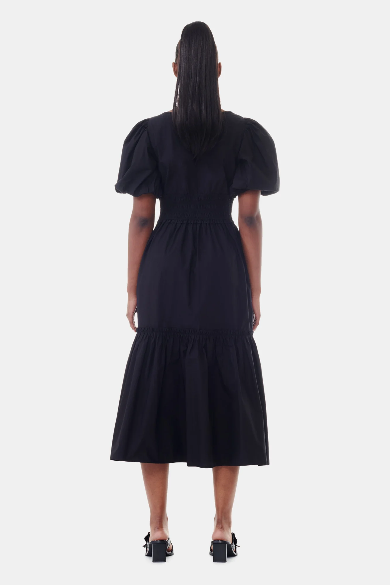 Cotton Poplin V-Neck Long Smock Dress | Black - Image 6