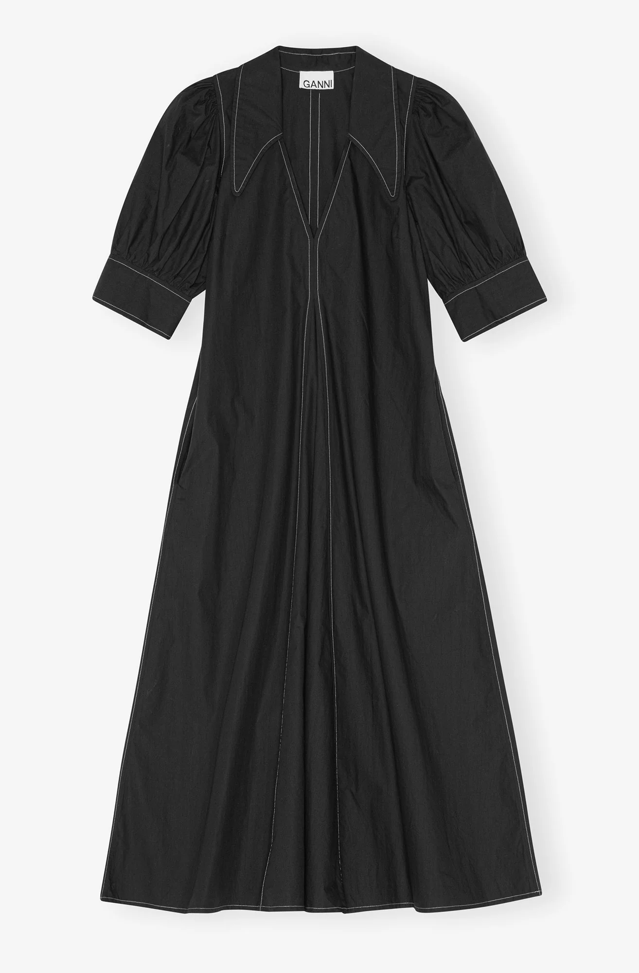 Cotton Poplin V-Neck Midi Dress | Black