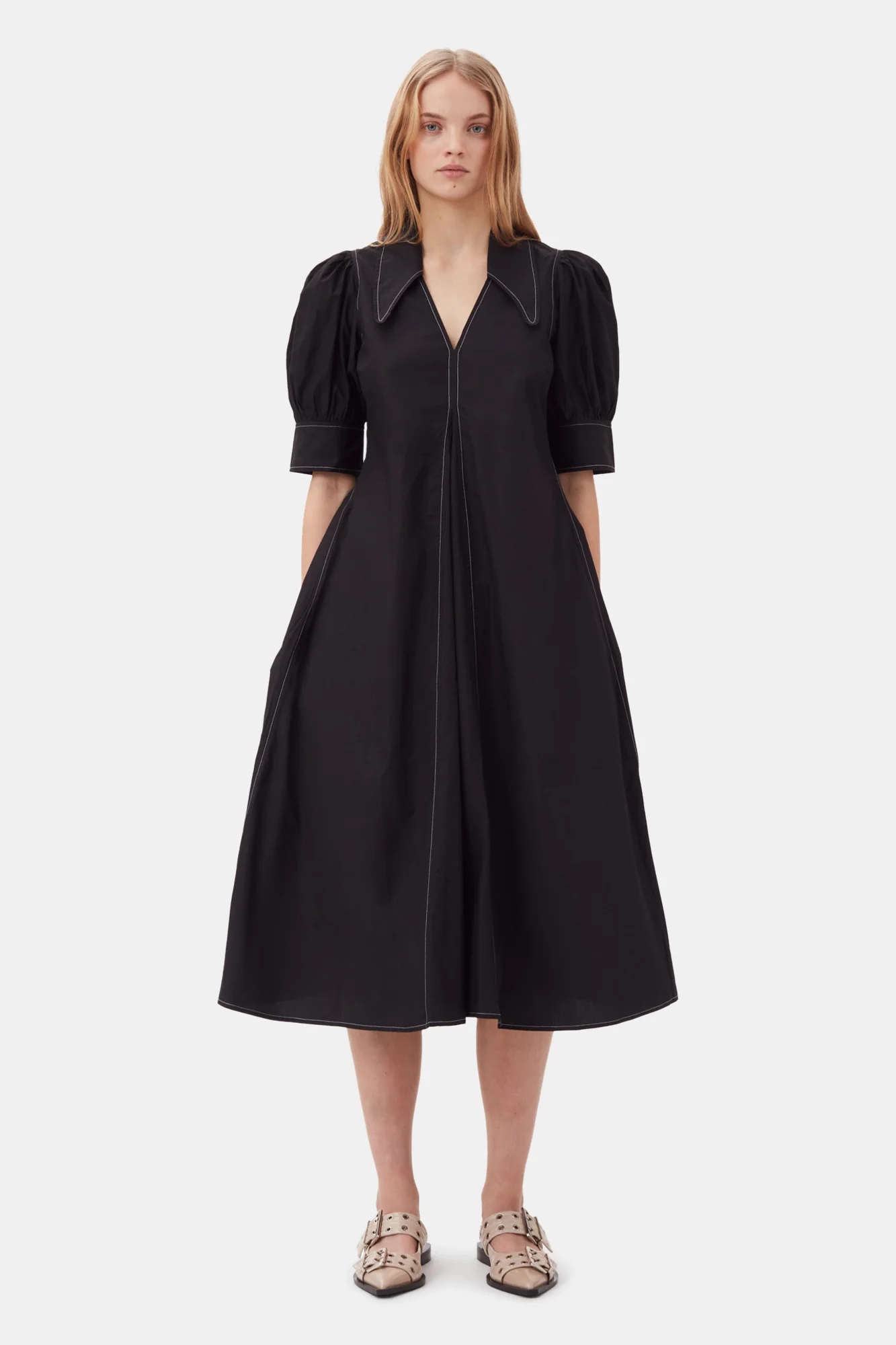 Cotton Poplin V-Neck Midi Dress | Black - Image 3