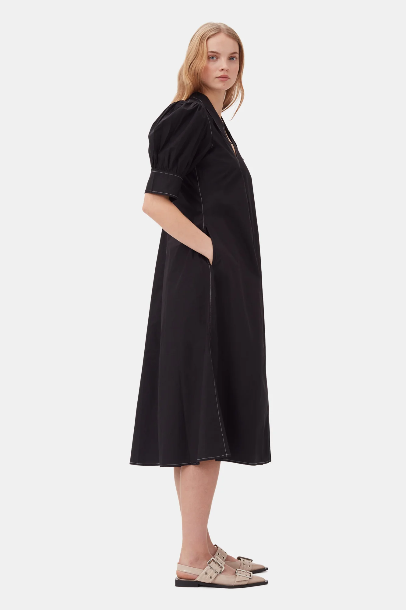 Cotton Poplin V-Neck Midi Dress | Black - Image 5
