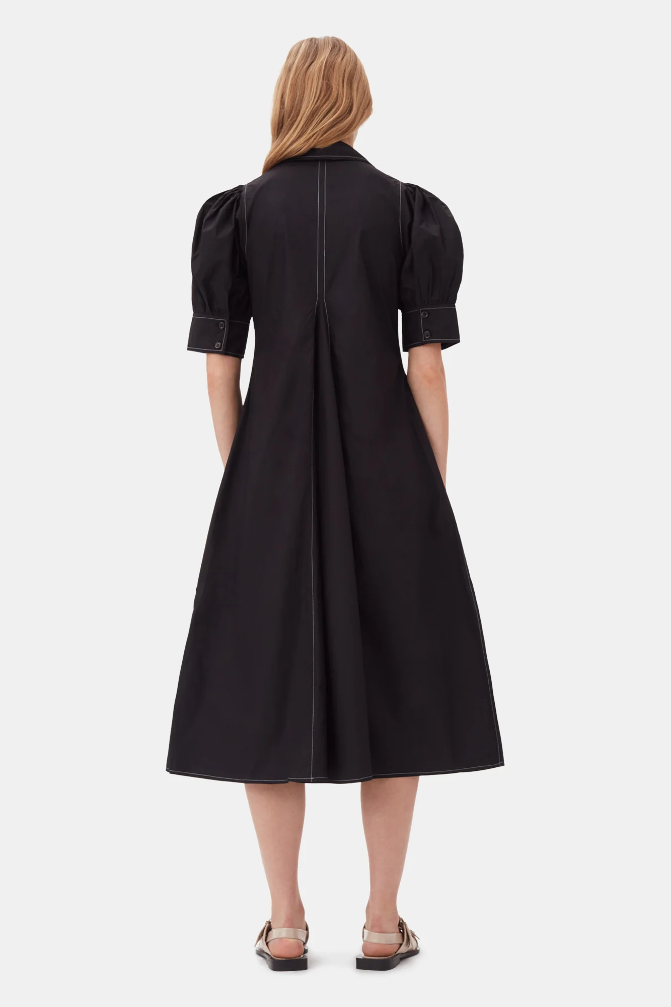 Cotton Poplin V-Neck Midi Dress | Black - Image 6
