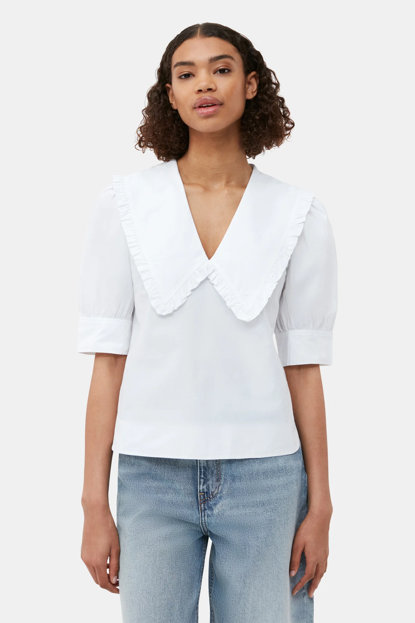 Cotton Poplin V-Neck Ruffle Blouse | Bright White - Image 3