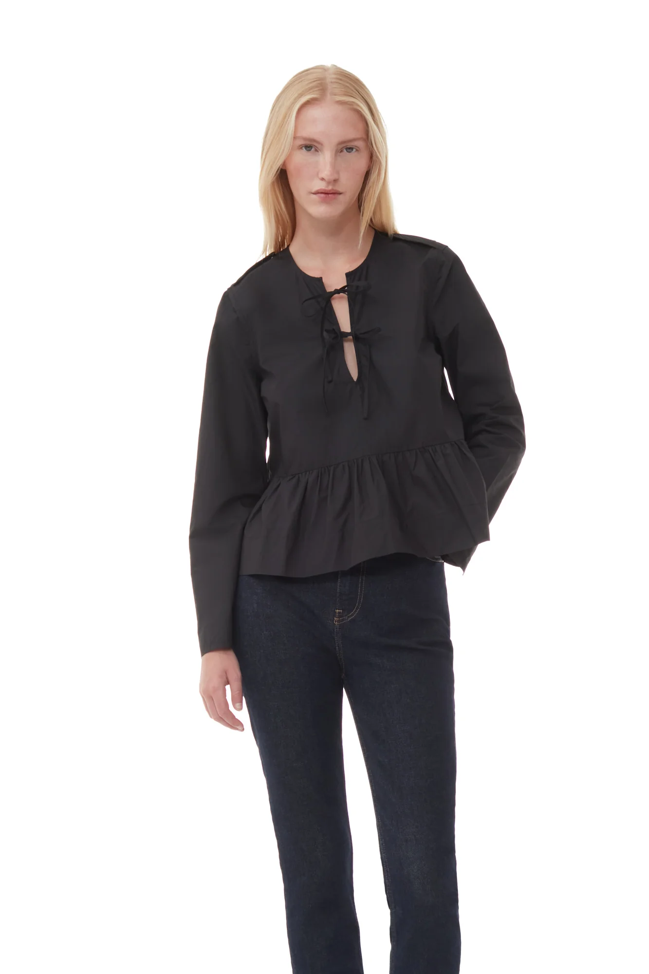Cotton Poplin V-Neck Tie String Peplum Blouse | Black - Image 3