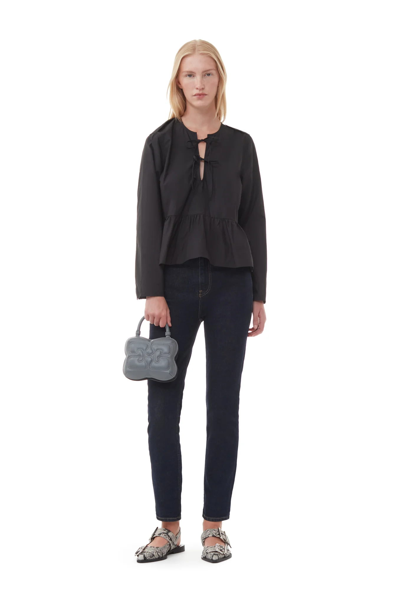 Cotton Poplin V-Neck Tie String Peplum Blouse | Black - Image 4