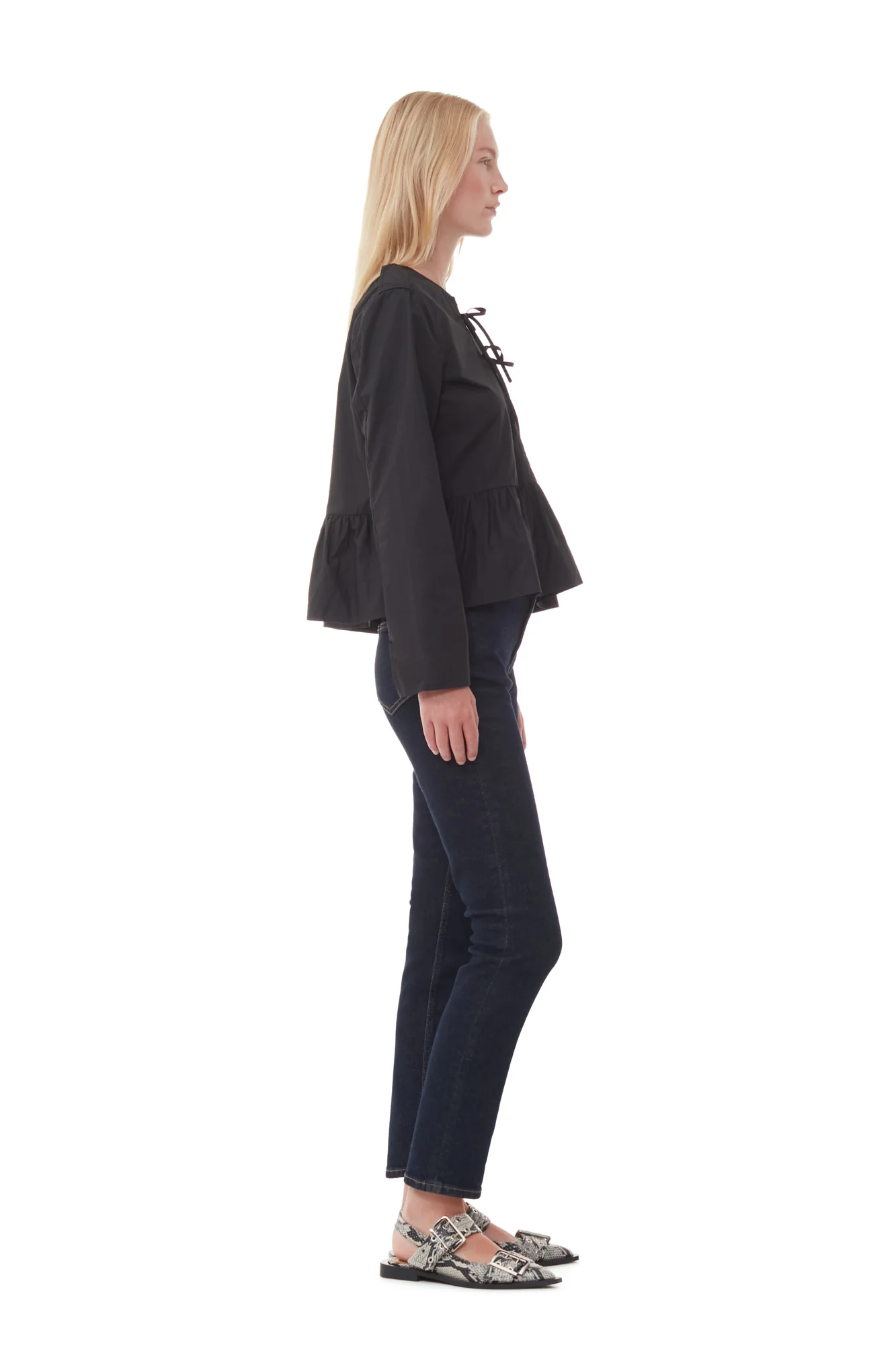 Cotton Poplin V-Neck Tie String Peplum Blouse | Black - Image 5