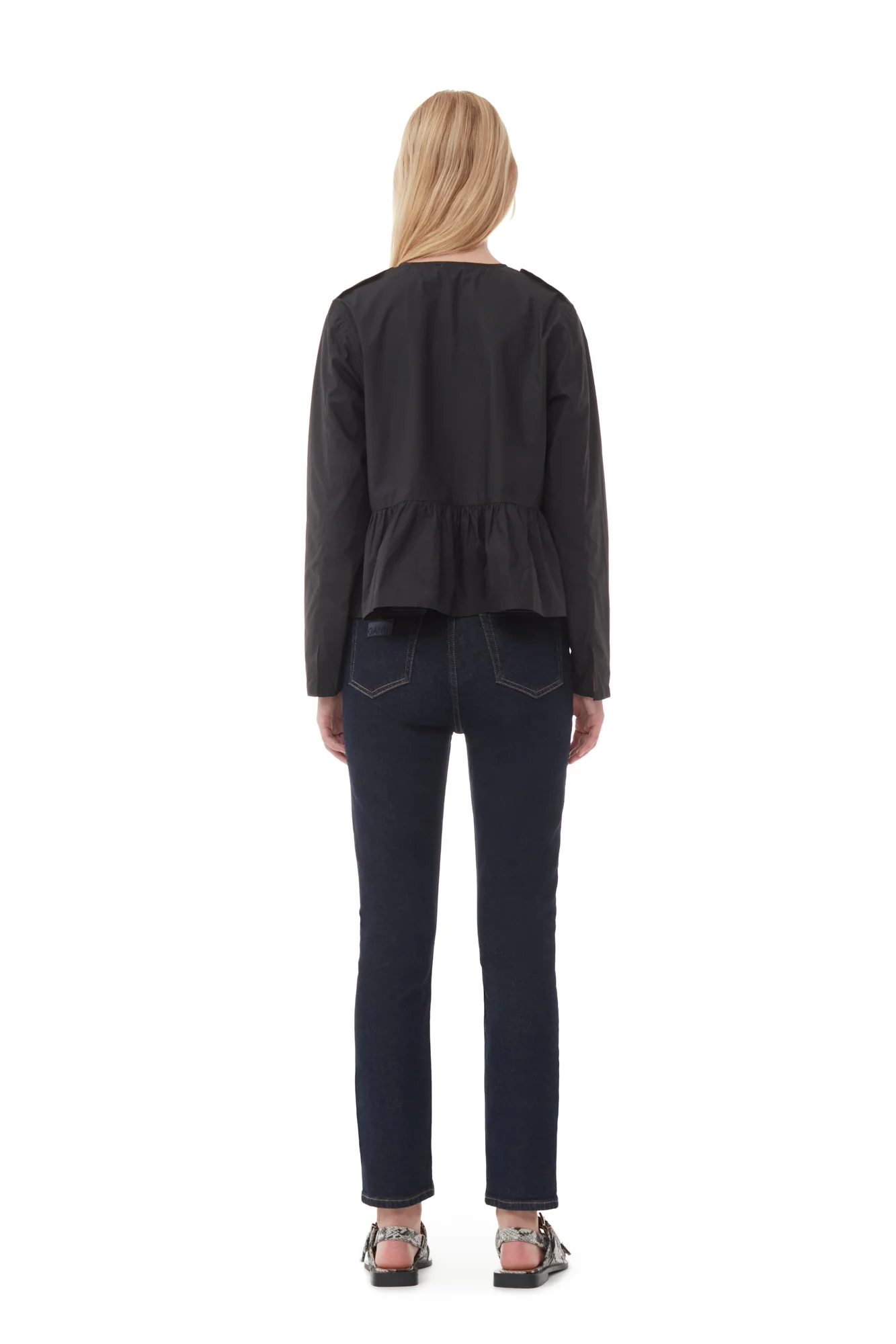 Cotton Poplin V-Neck Tie String Peplum Blouse | Black - Image 6
